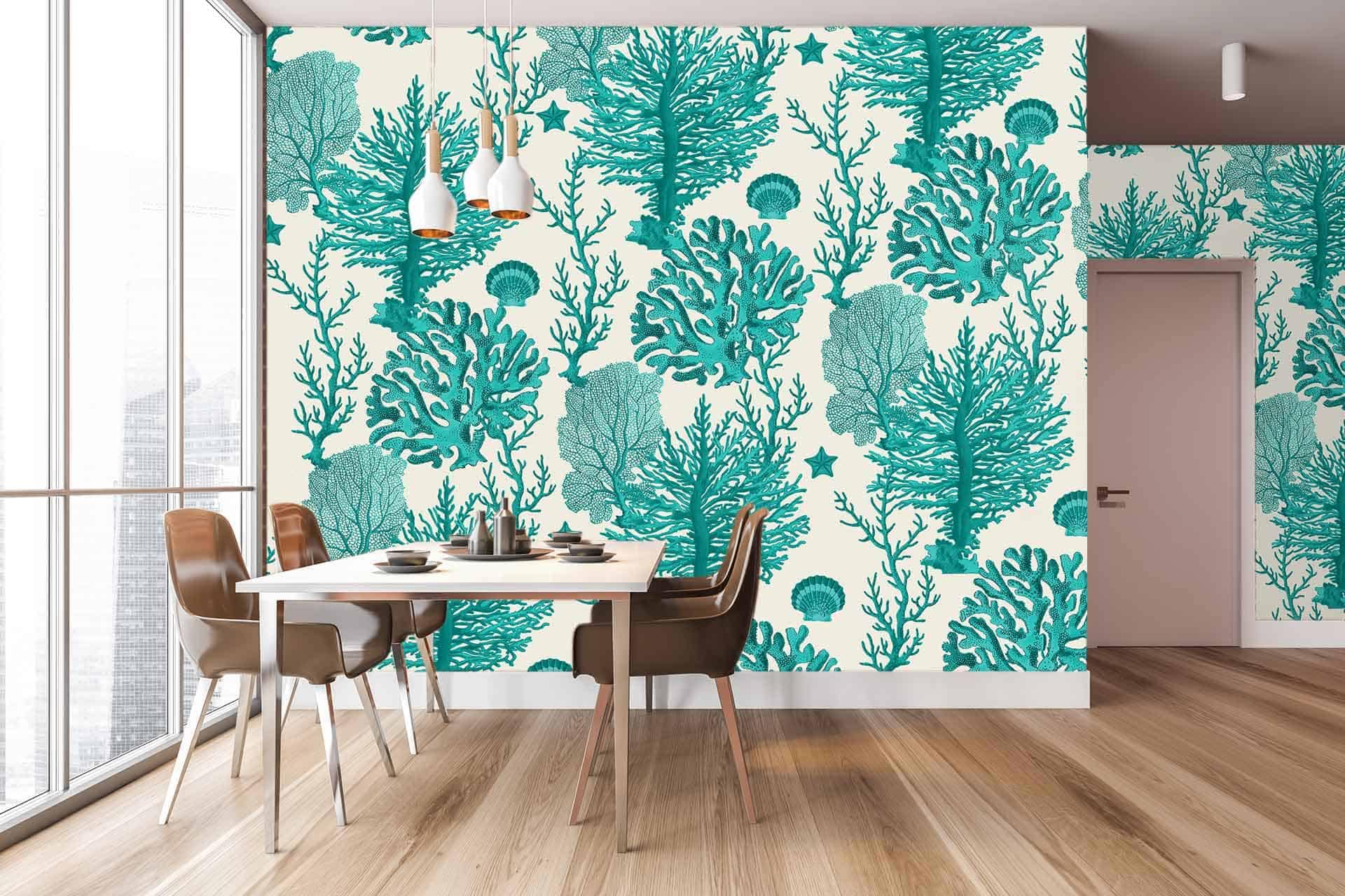 The wallpaper features vibrant teal with a coral reef pattern. Elements include intricate corals, sea plants, and marine motifs in shades of teal, aqua, and touches of white.