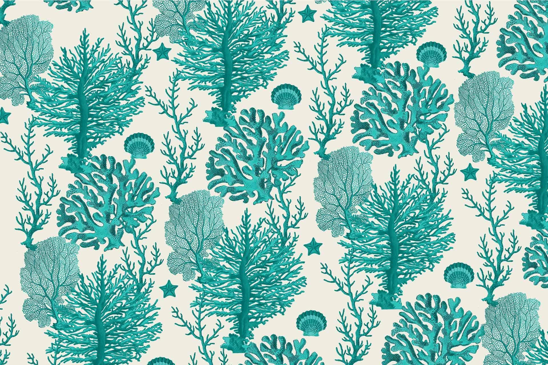 This wallpaper design features a detailed pattern of **teal and blue corals**, **starfish**, and **sea flora** on a light background. The repetitive design captures an underwater scenery, perfect for ocean-themed decor or textiles. Key elements include various shades of teal and blue, intricate coral structures, diverse starfish patterns, and delicate sea plants. The light backdrop enhances the vibrant aquatic colors making them stand out vividly.

Key Elements:
- Teal corals
- Blue corals
- Starfish patterns
- Sea flora

Colors:
- Various shades of teal
- Different hues of blue
- Light background