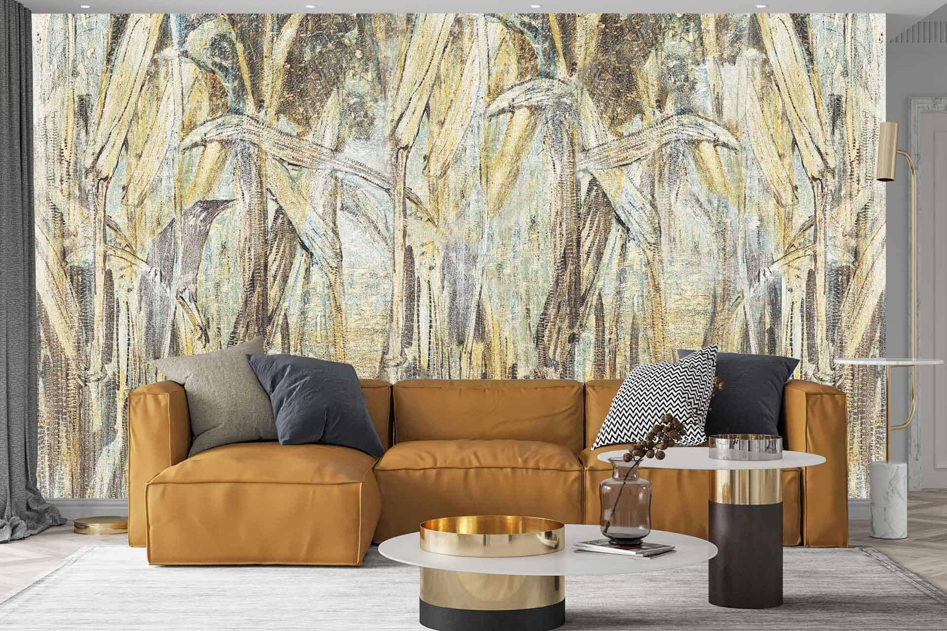 Abstract, golden reeds wallpaper; colors: gold, beige, light brown.