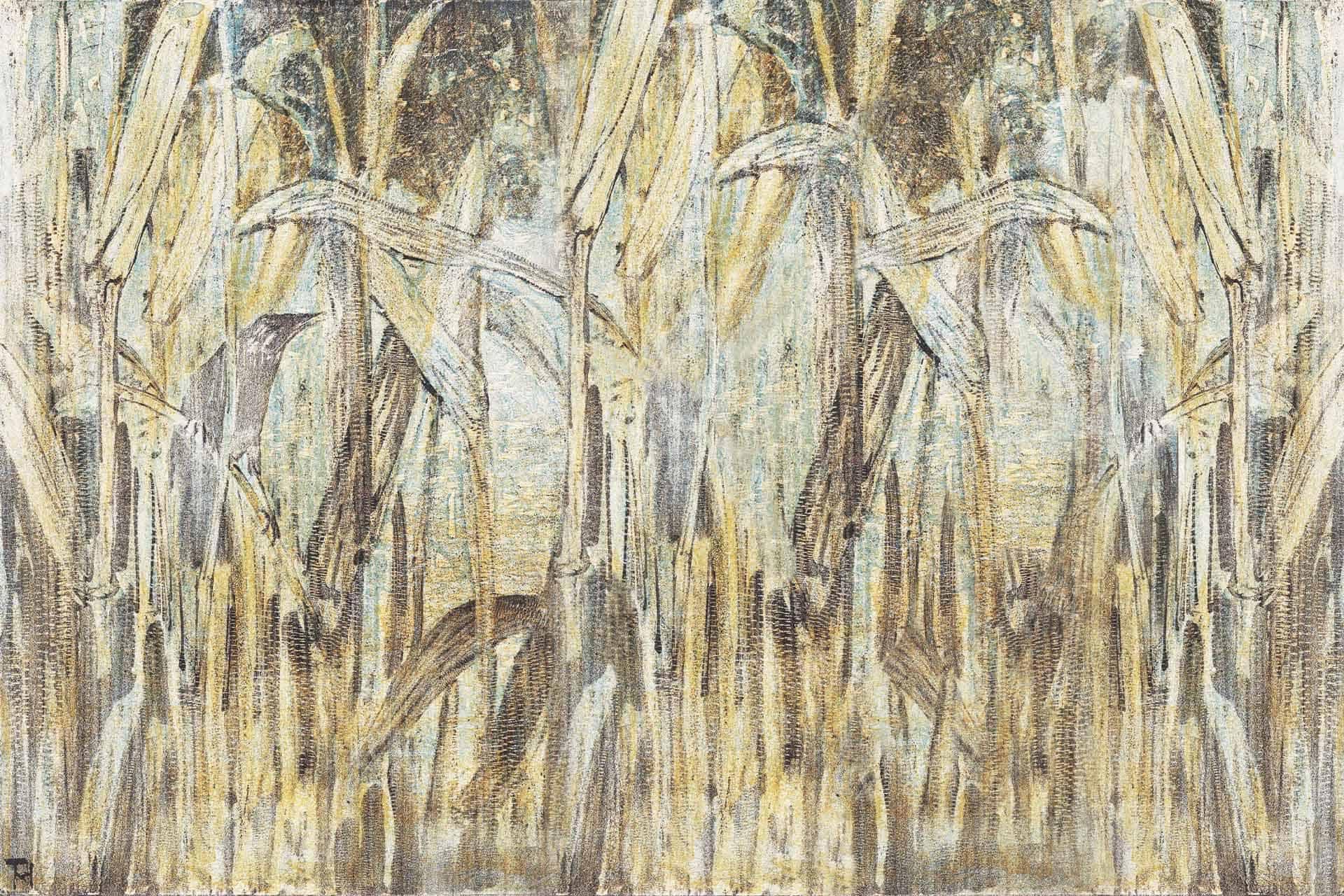 Wallpaper features tall, slender plants with intricate, overlapping leaves and stems. Colors include muted yellows, browns, and greens. Textured and abstract quality evokes dense corn fields in a forest-like scene.