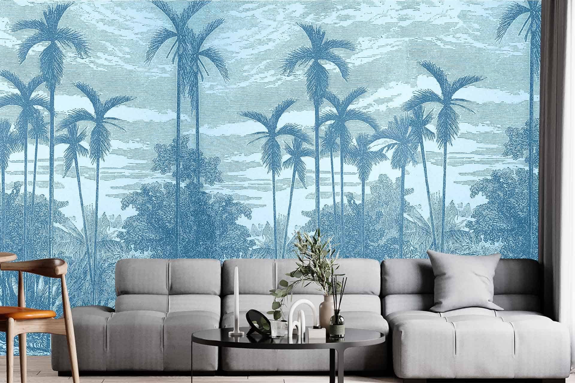 A feature wall mural depicting tall palm trees against a subtle textured background. The design creates a serene tropical island atmosphere, accented by subtle blue hues. Keywords: palm trees, textured background, tropical island, subtle blue hues.