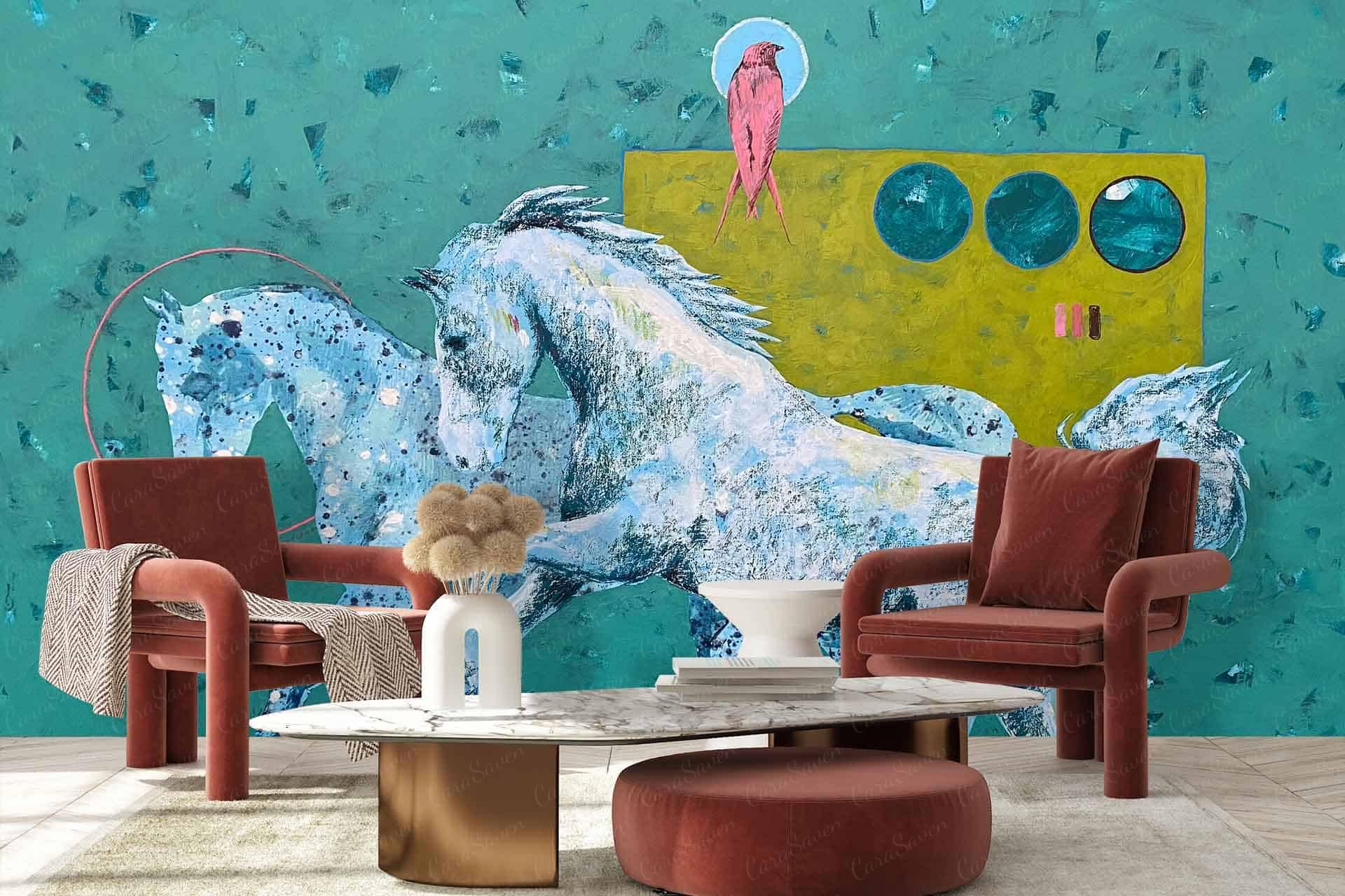 A modern living room boasts a large, colorful wall mural featuring abstract elements. The wallpaper depicts two abstract horses in vibrant hues alongside a striking pink bird.