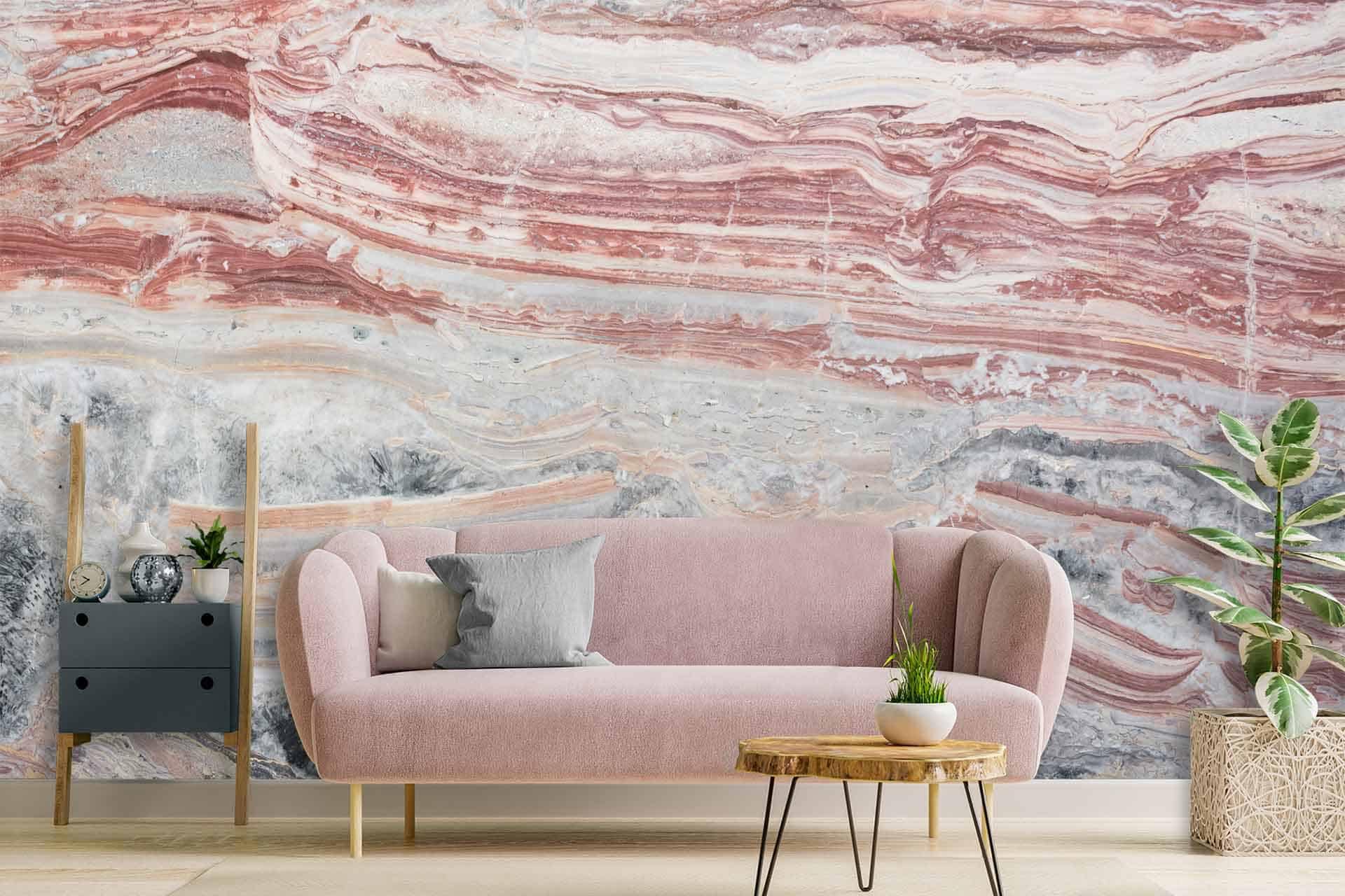 The wallpaper features a large abstract mural with swirled patterns in shades of pink and gray.