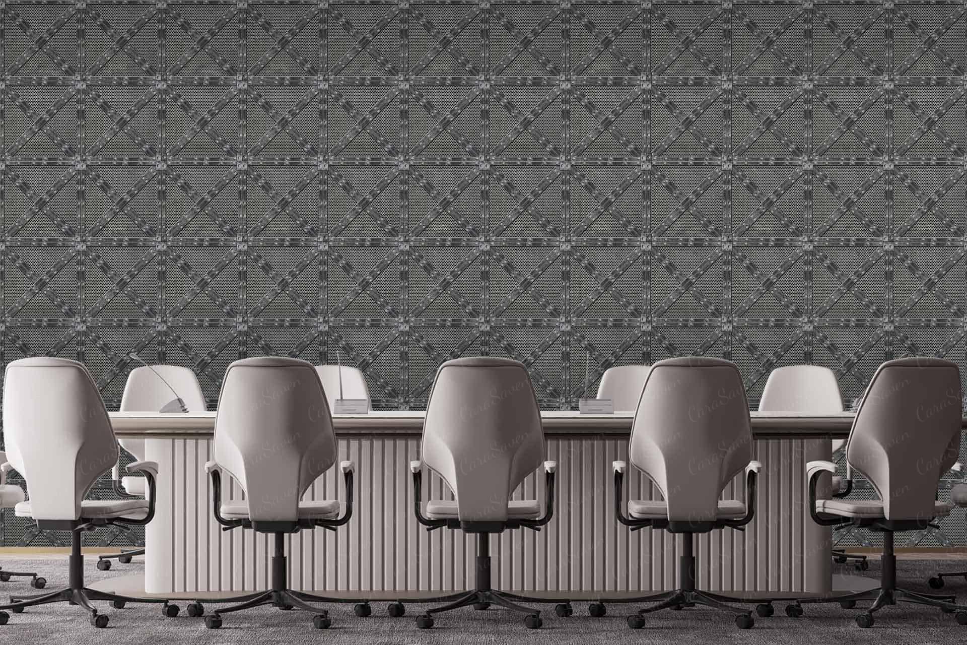 Geometric patterned wallpaper; shades of gray; modern design; clean lines; minimalistic elements.