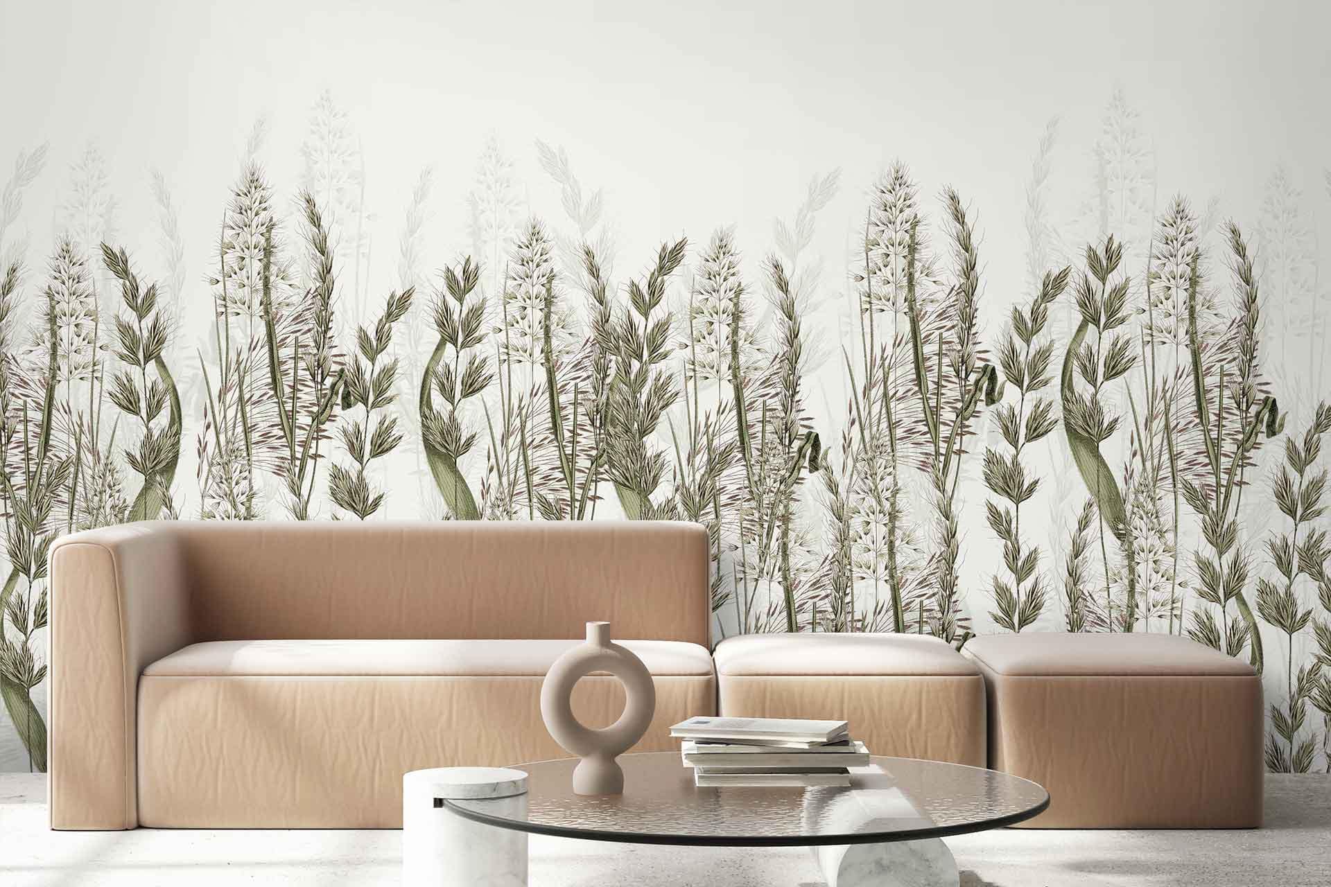 The wallpaper features a botanical mural with green and white floral patterns, showcasing various elements of nature. The lush greenery and delicate white flowers are intricately detailed, bringing an organic touch to the space.