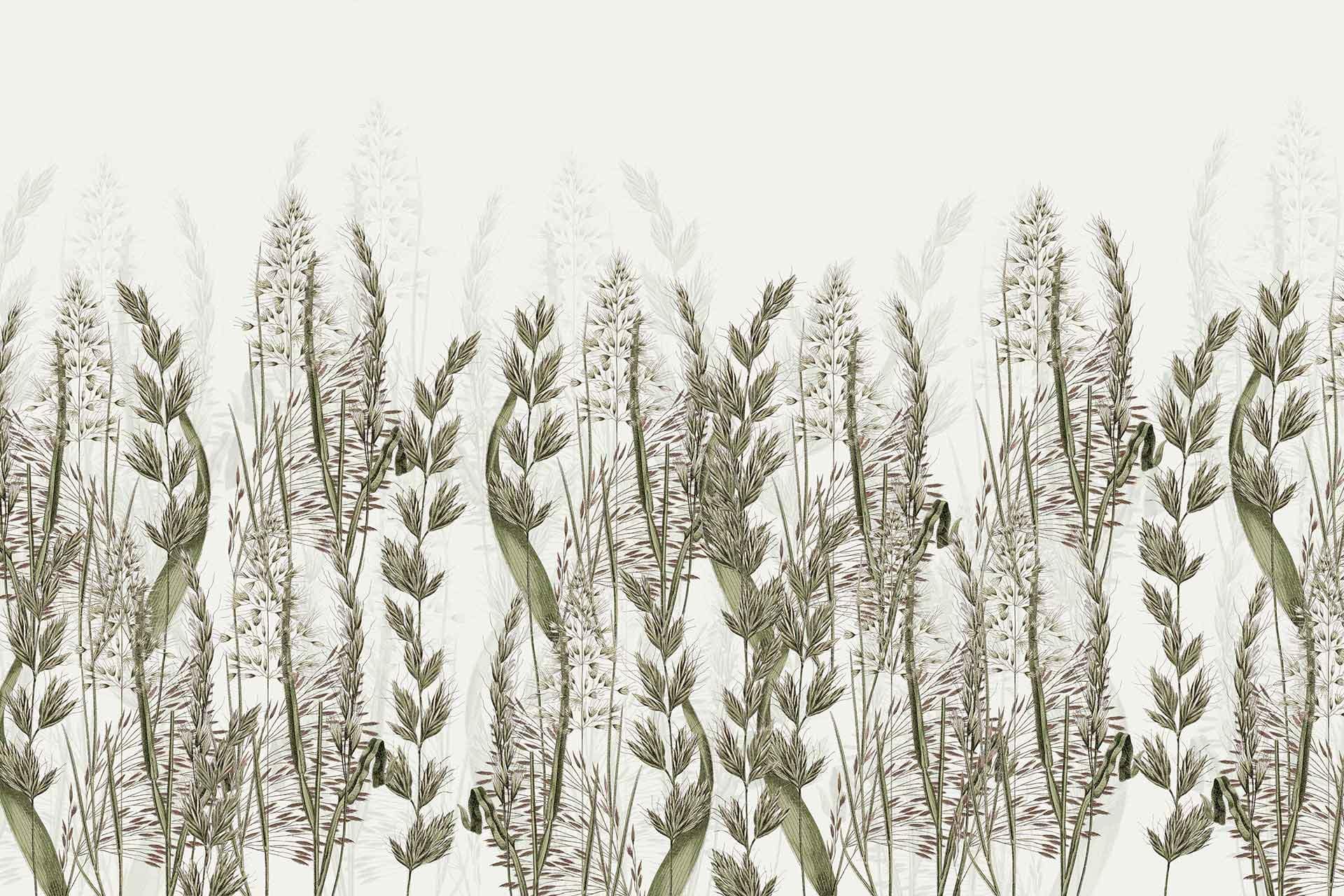 Description: Botanical wallpaper featuring tall grasses and flowering plants with muted green leaves and beige flowers. The light background enhances the intricate detailing, giving a delicate, natural feel.

Key elements:
- Tall grasses
- Flowering plants
- Muted green leaves
- Beige flowers
- Light background
- Intricate detailing