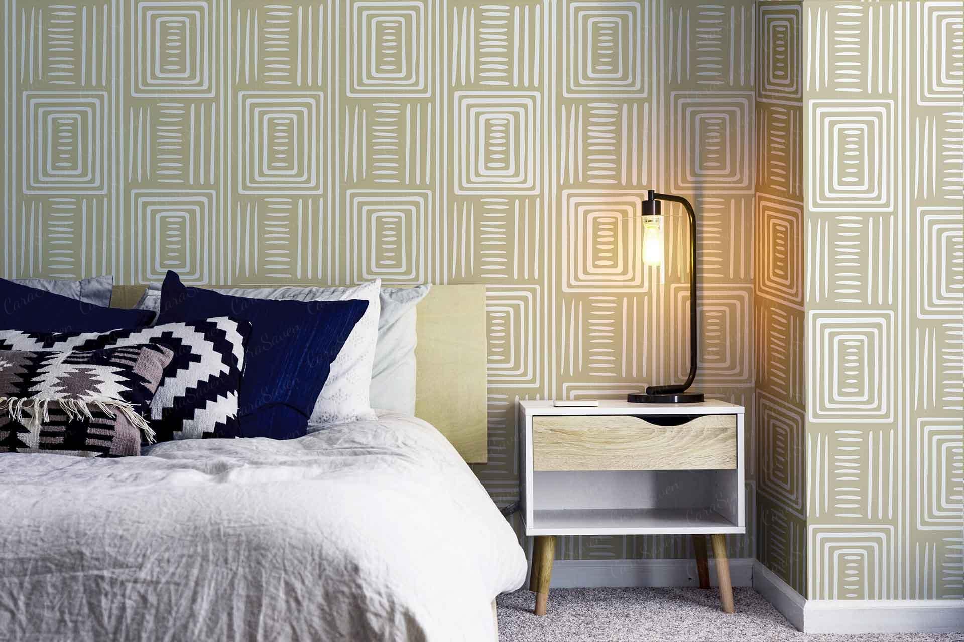 A modern bedroom with **geometric-patterned wallpaper** in **beige and white**.