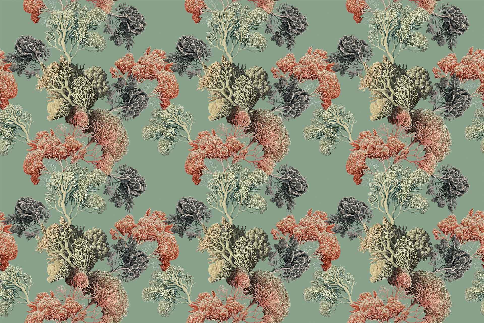 Wallpaper features an intricate repeating pattern of red, cream, and soft green corals set against a muted teal background. Richly detailed coral designs create a textured, tranquil beach aesthetic.