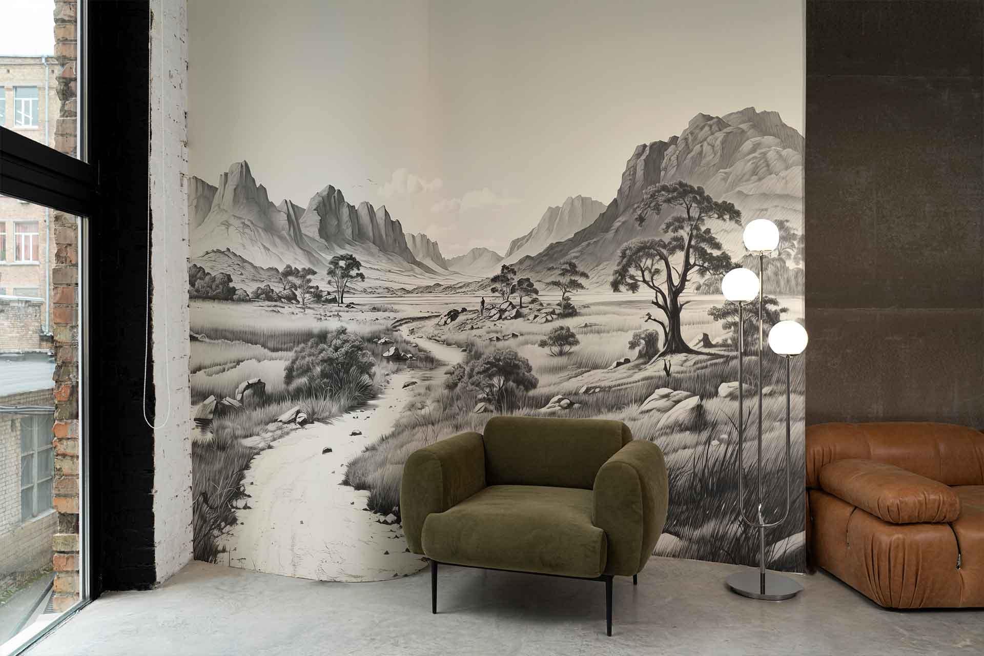 The mural, titled "Walk with Me," showcases a monochrome mountainous landscape featuring a dirt path, trees, and rocky terrain. The primary colors are shades of black, white, and gray.