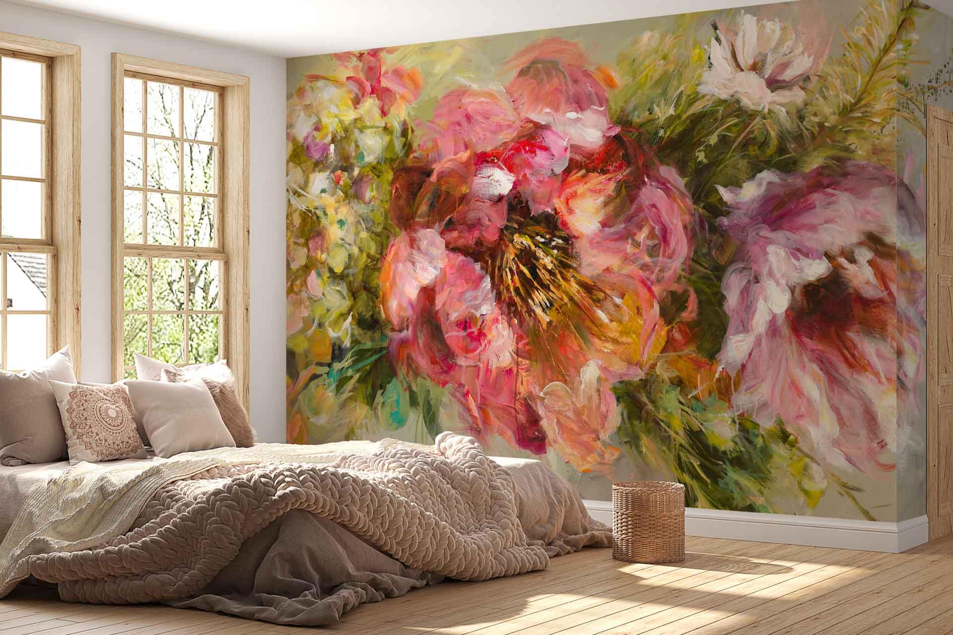 A large, vibrant floral mural covers one wall with colorful strokes of pink, red, yellow, and green.