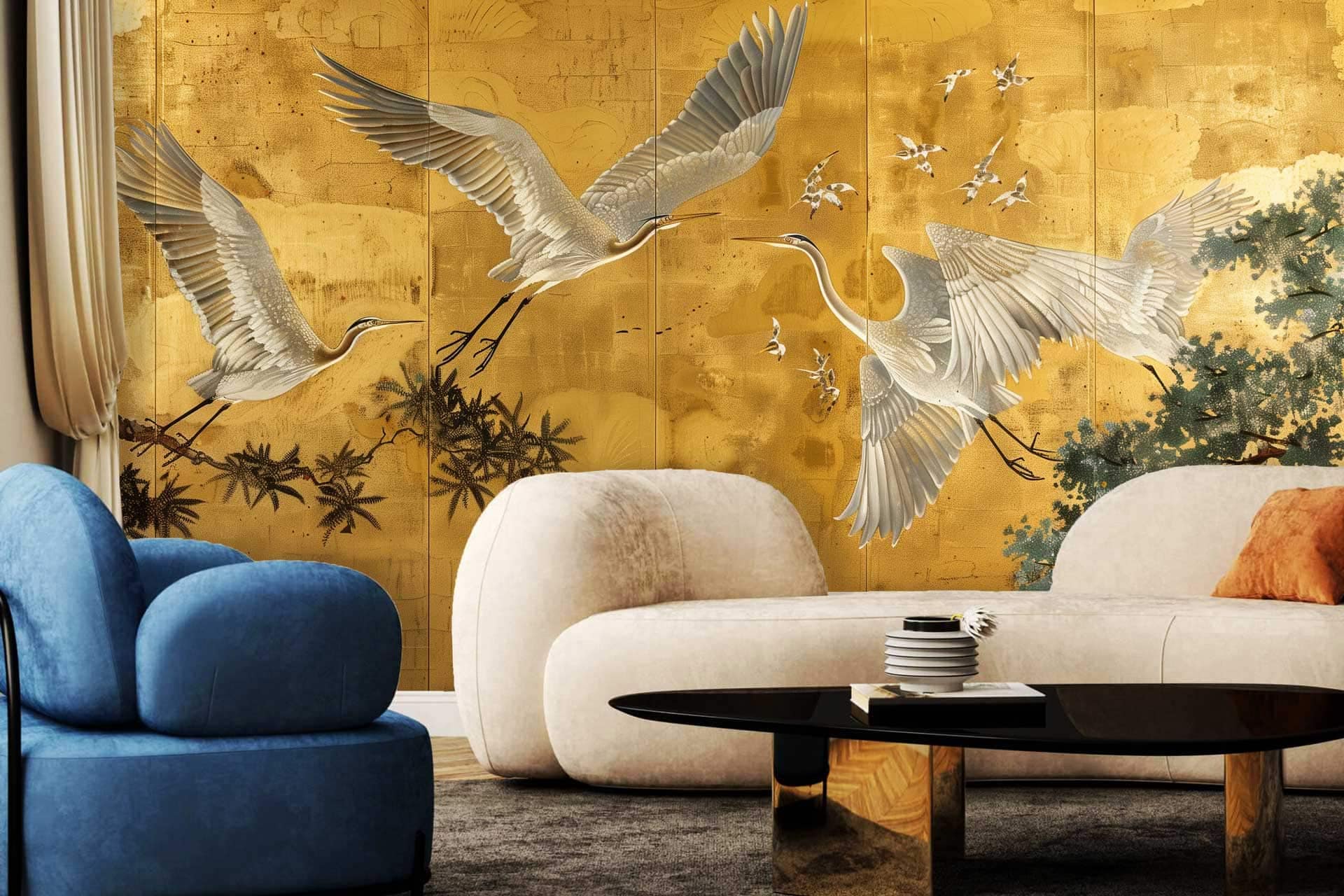 The living room wallpaper features flying cranes against a golden background with bamboo accents. The mural presents a luxurious and classic motif with elegant birds in flight, gold hues, and natural bamboo elements, evoking a James Bond setting.