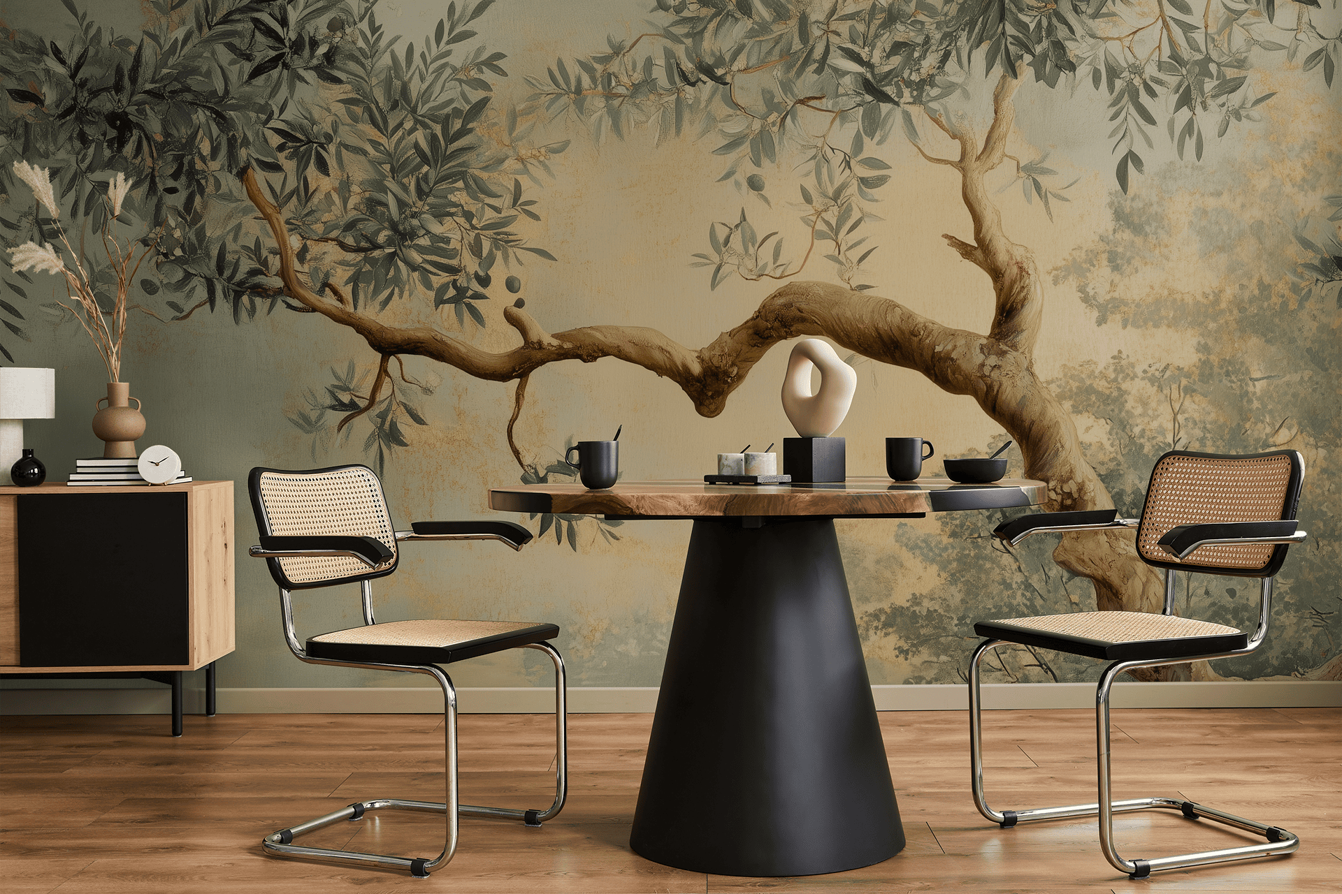 The wallpaper features an intricate tree branch design, showcasing delicate lines and detailed textures. The color palette includes serene shades of greens and subtle browns, creating an artistic and tranquil backdrop.