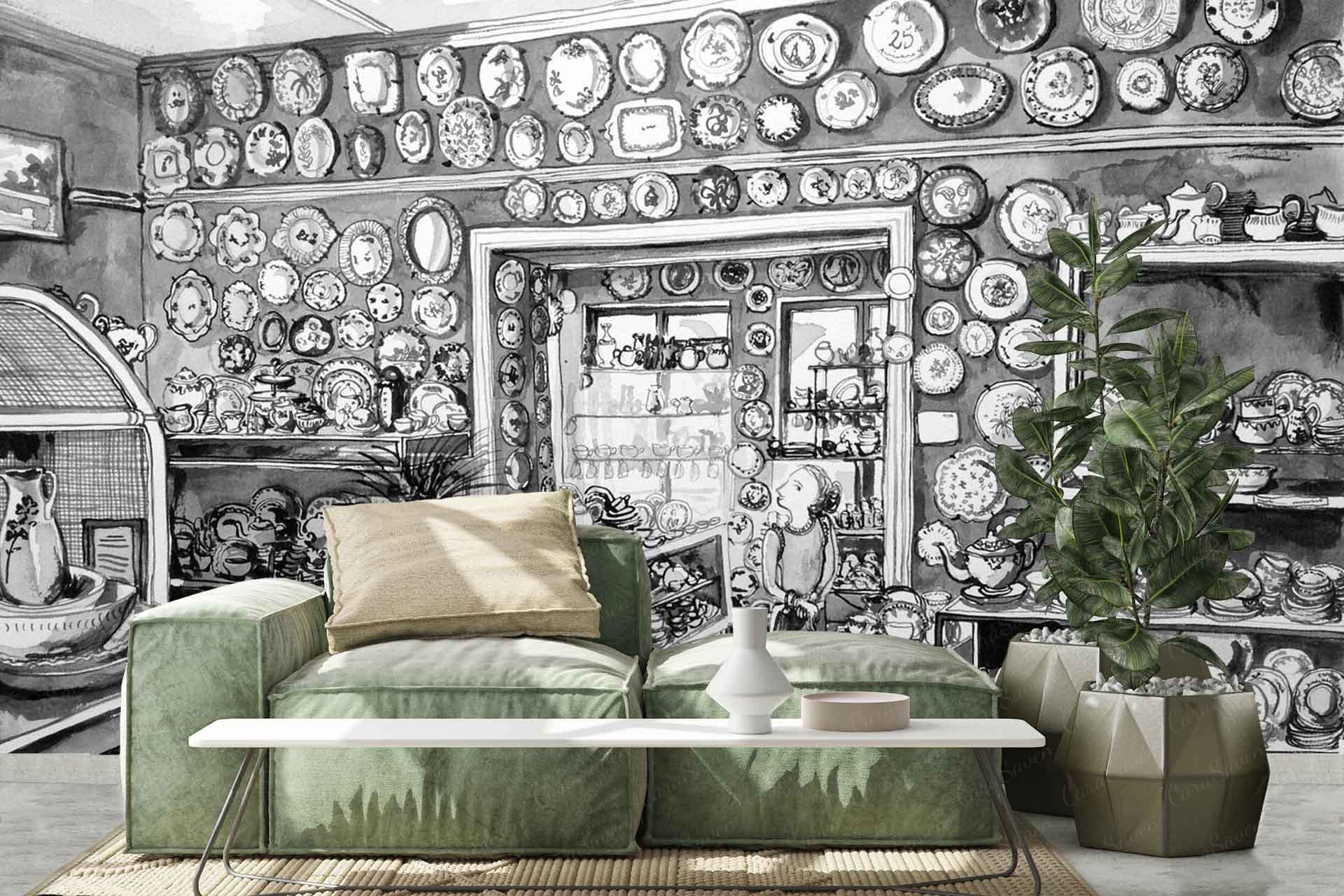 The wallpaper features a large monochrome mural depicting a room filled with plates and teapots. The design is reminiscent of De Waal Park's serene charm, showcasing intricate details in shades of black, white, and gray.