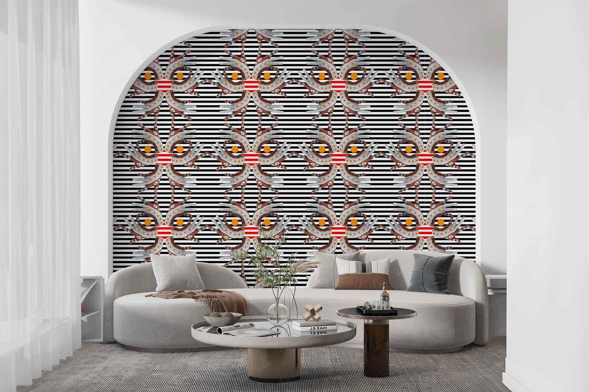 The wallpaper is a vibrant geometric mural featuring black, white, red, and gold colors. It showcases striped and intricate patterns that create a bold visual statement.