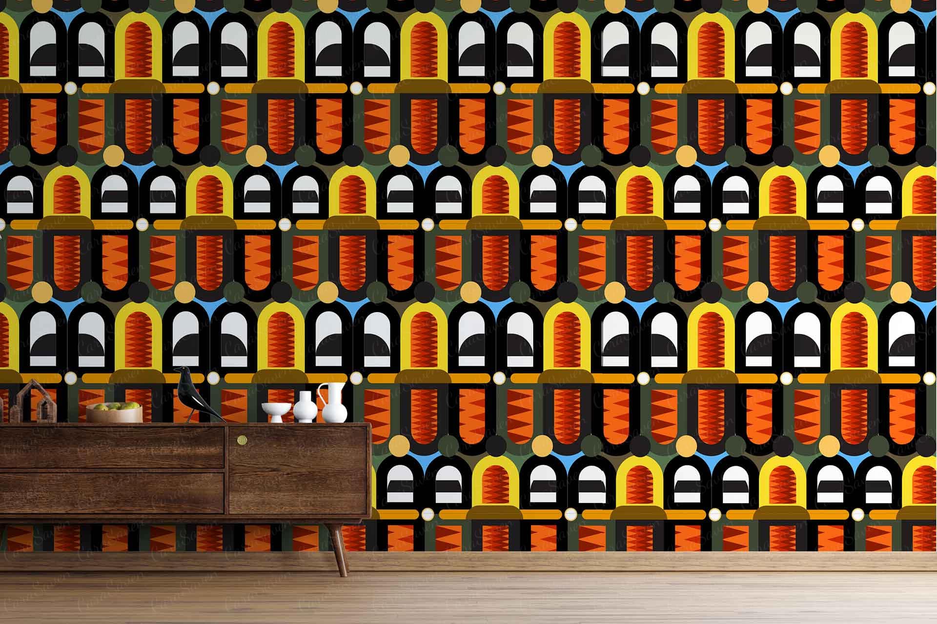 The wallpaper features bold, geometric patterns with shapes in vibrant colors: orange, black, white, and yellow. The design includes a mix of angular forms and striking contrasts that stand out against the backdrop.