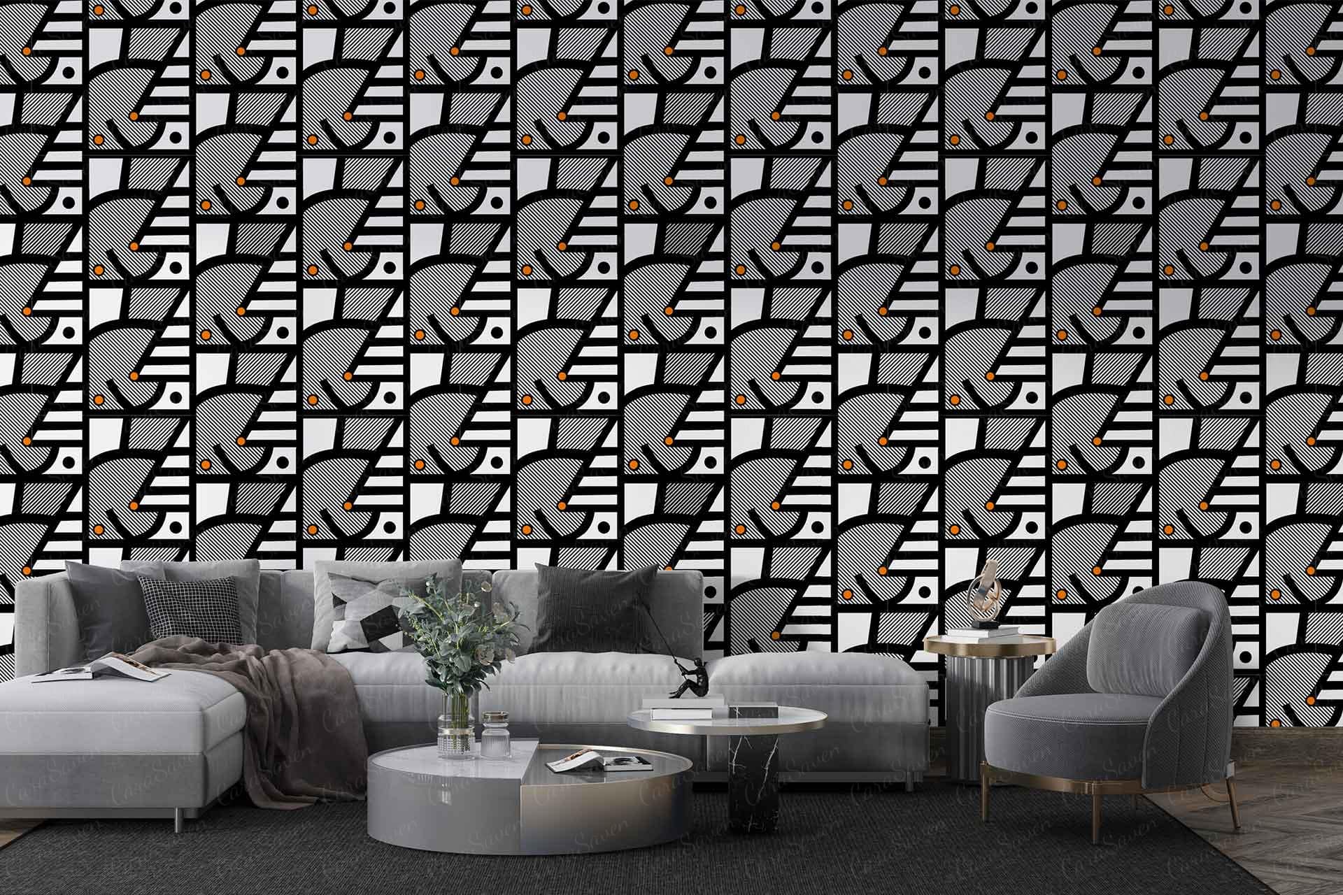 Modern geometric black-and-white patterned wallpaper featuring bold circular and linear shapes. Includes stark contrasts, crisp lines, interlocking circles, and sleek symmetry for a contemporary aesthetic.