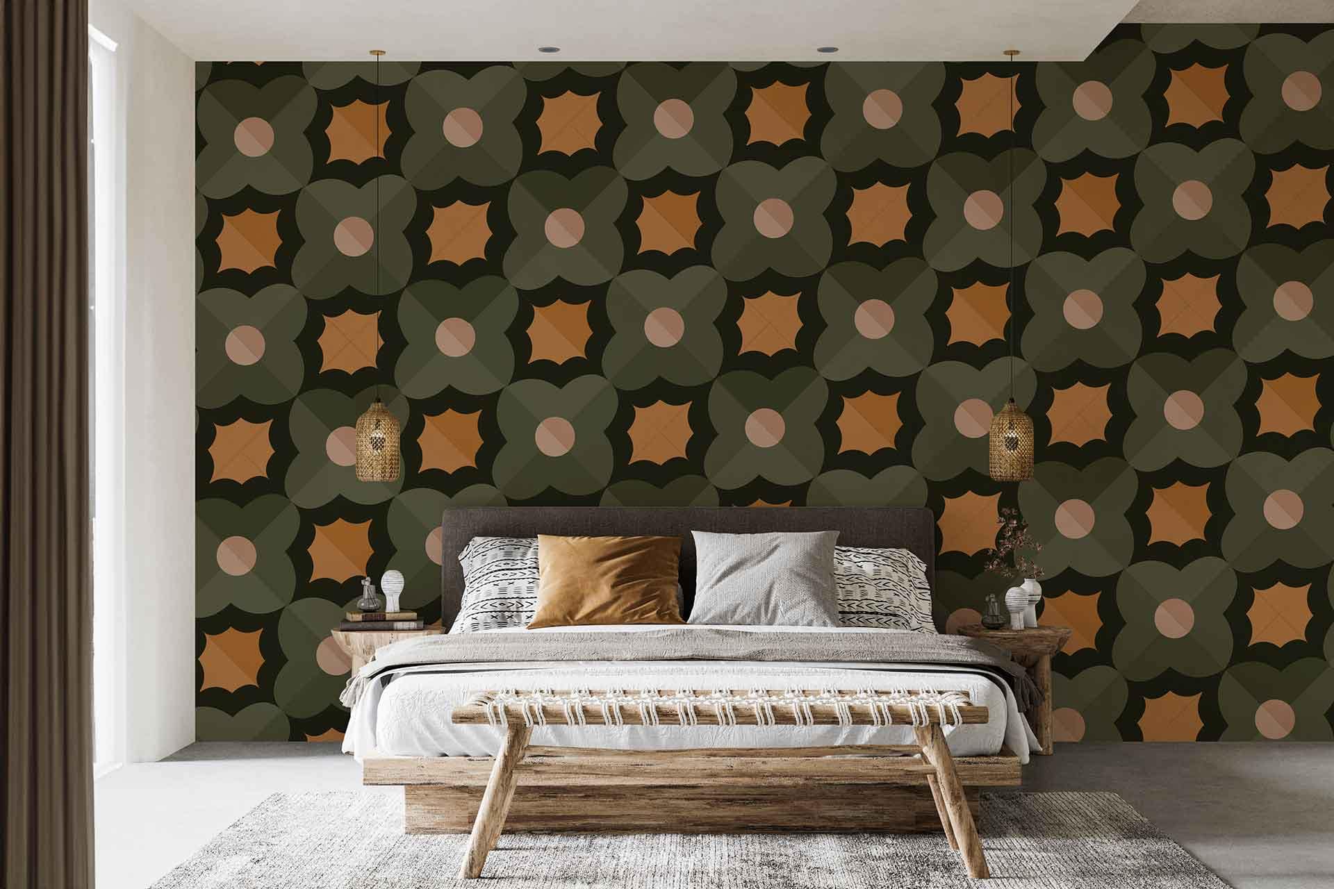 The wallpaper is a striking geometric design with star shapes. It predominantly features vibrant orange and green hues, creating a bold, eye-catching pattern perfect for a modern bedroom setting.