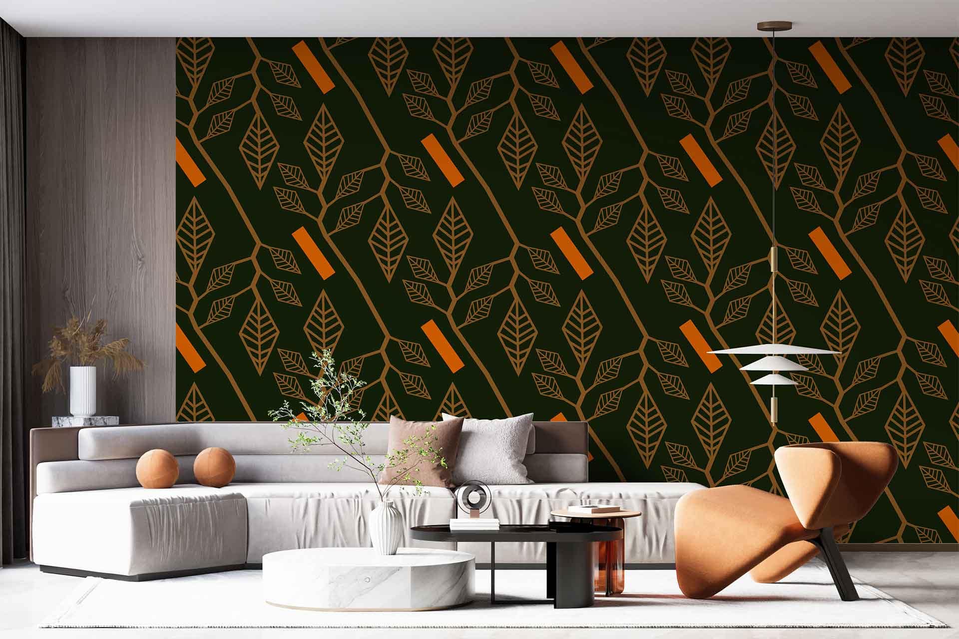 The wallpaper in the modern living room features a dark green accent wall with a bold leaf pattern. The leaves are intricately detailed, combining shades of lighter greens and hints of gold to create depth and contrast. The pattern is both elegant and lively, providing a natural yet sophisticated backdrop for the space.