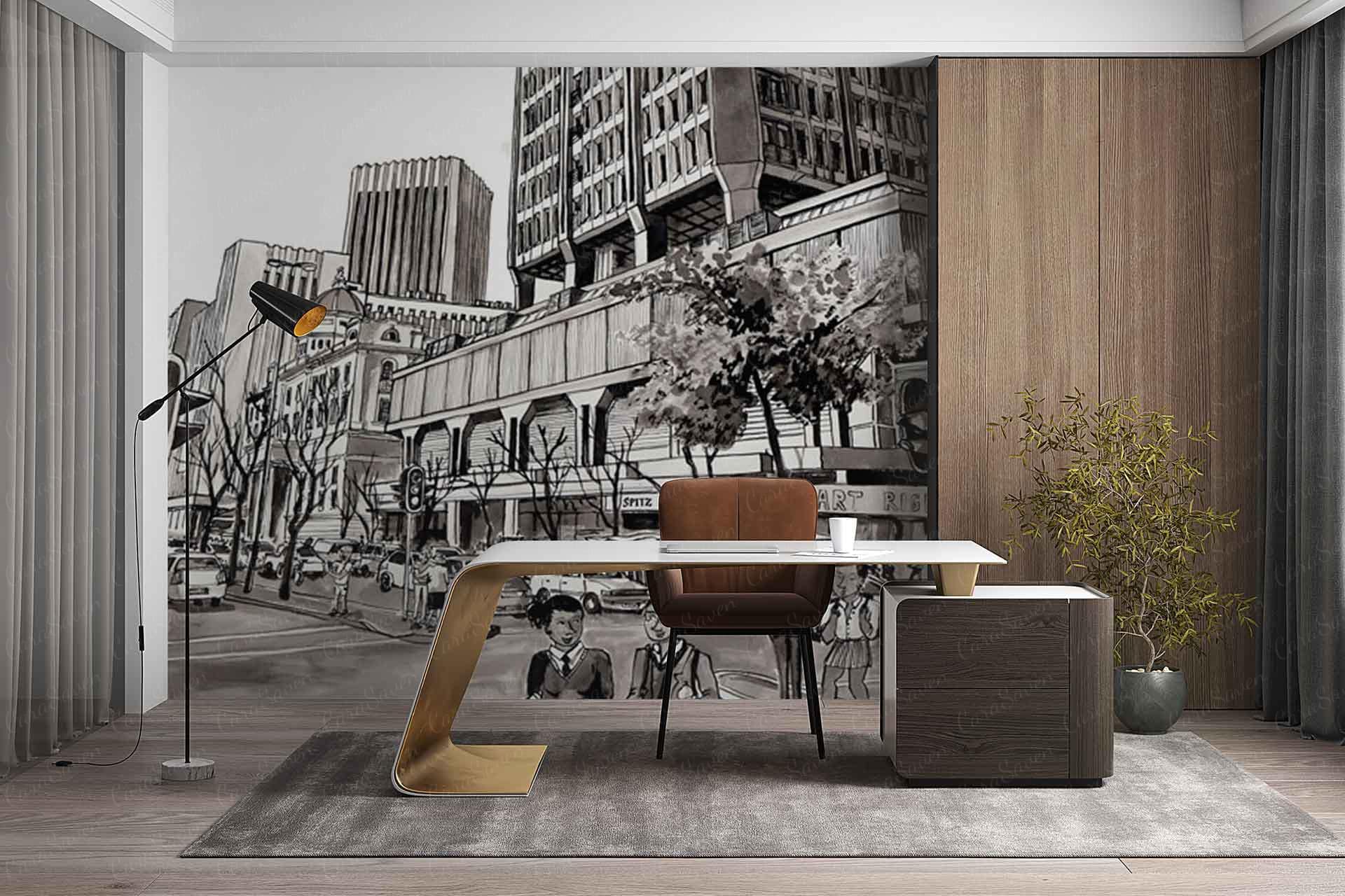 The wallpaper is a large wall mural depicting the urban energy of Sea Point Promenade. It features vibrant buildings in soft creams, whites, and blues, lush green trees, and silhouettes of people walking along the promenade. The scene blends sandy pathways with cool ocean blues and warm golden hues from sunlight. City elements, foliage, pedestrians, and subtle coastal details are all visible for a dynamic cityscape effect.