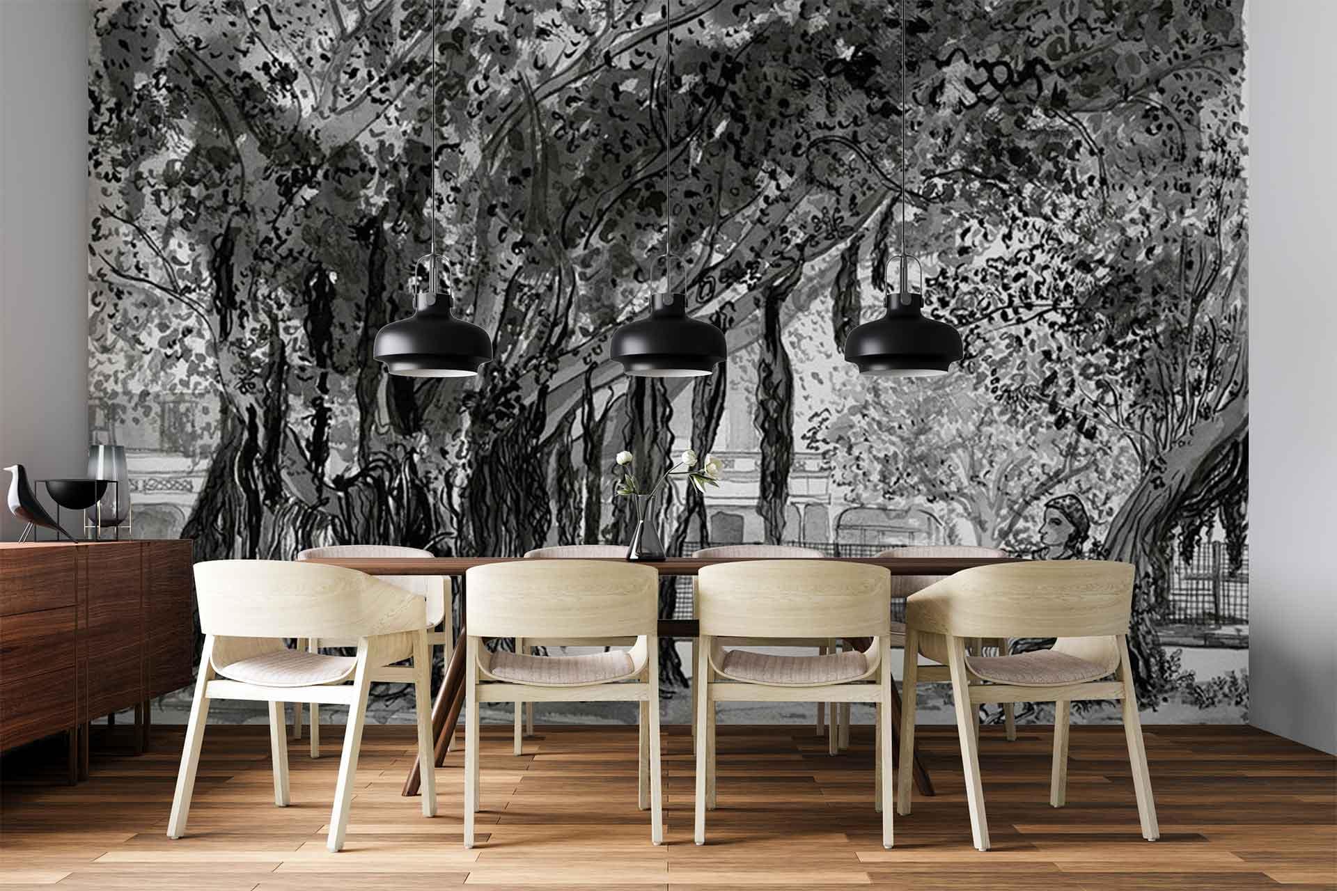 Large monochrome mural wallpaper featuring dense, leafy trees in shades of grey, black, and white. The design includes intricate tree branches and leaves, creating a forest-like scene with rich details and high contrast.