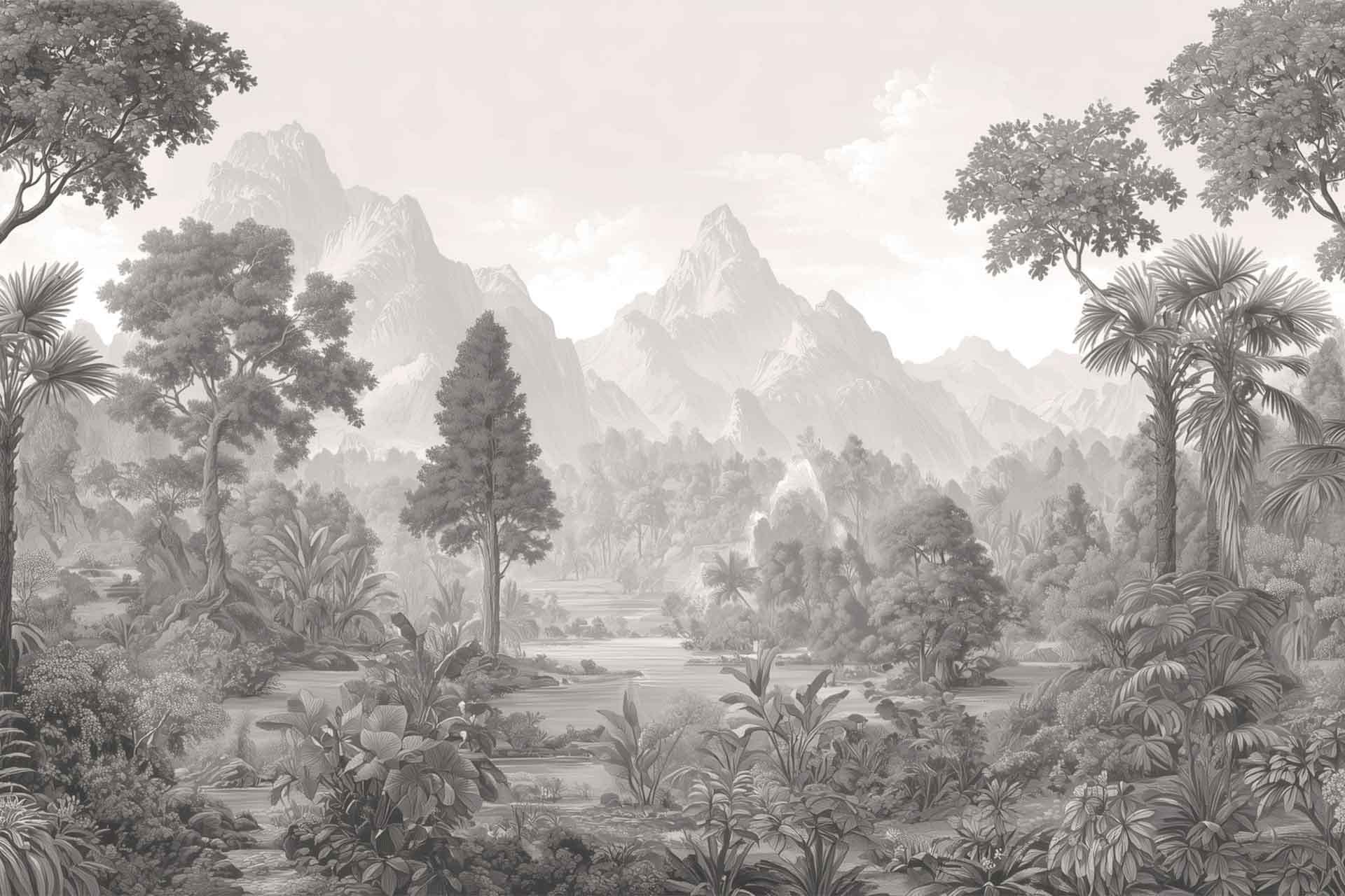 Grayscale wallpaper showing dense tropical foliage, tall trees, and distant mountains, all in rich gray tones with bright highlights, creating a lush jungle scene from above.