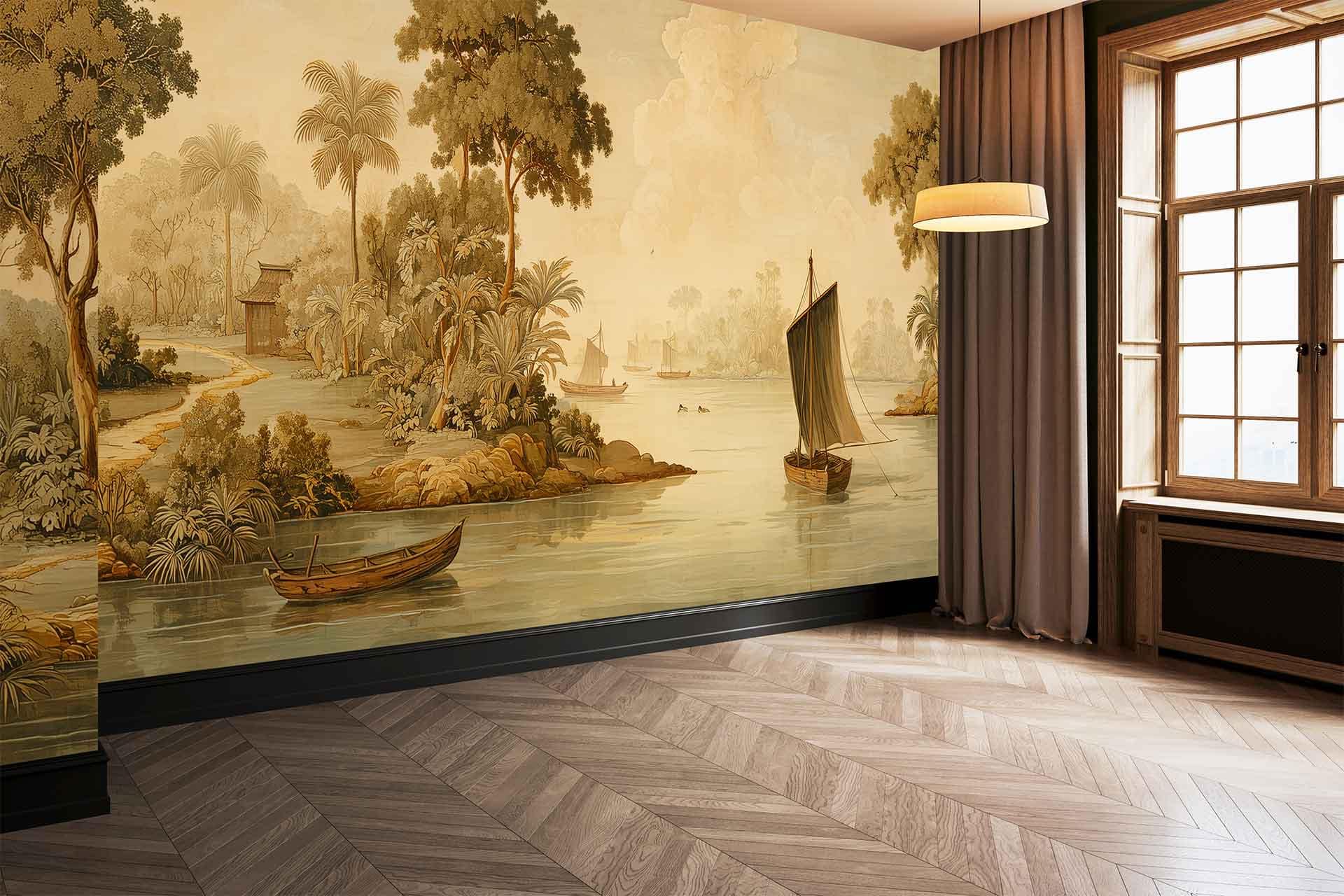 Large mural wallpaper features a river scene with boats, lush green trees, and distant buildings. Predominant colors include blue, green, and subtle earth tones.