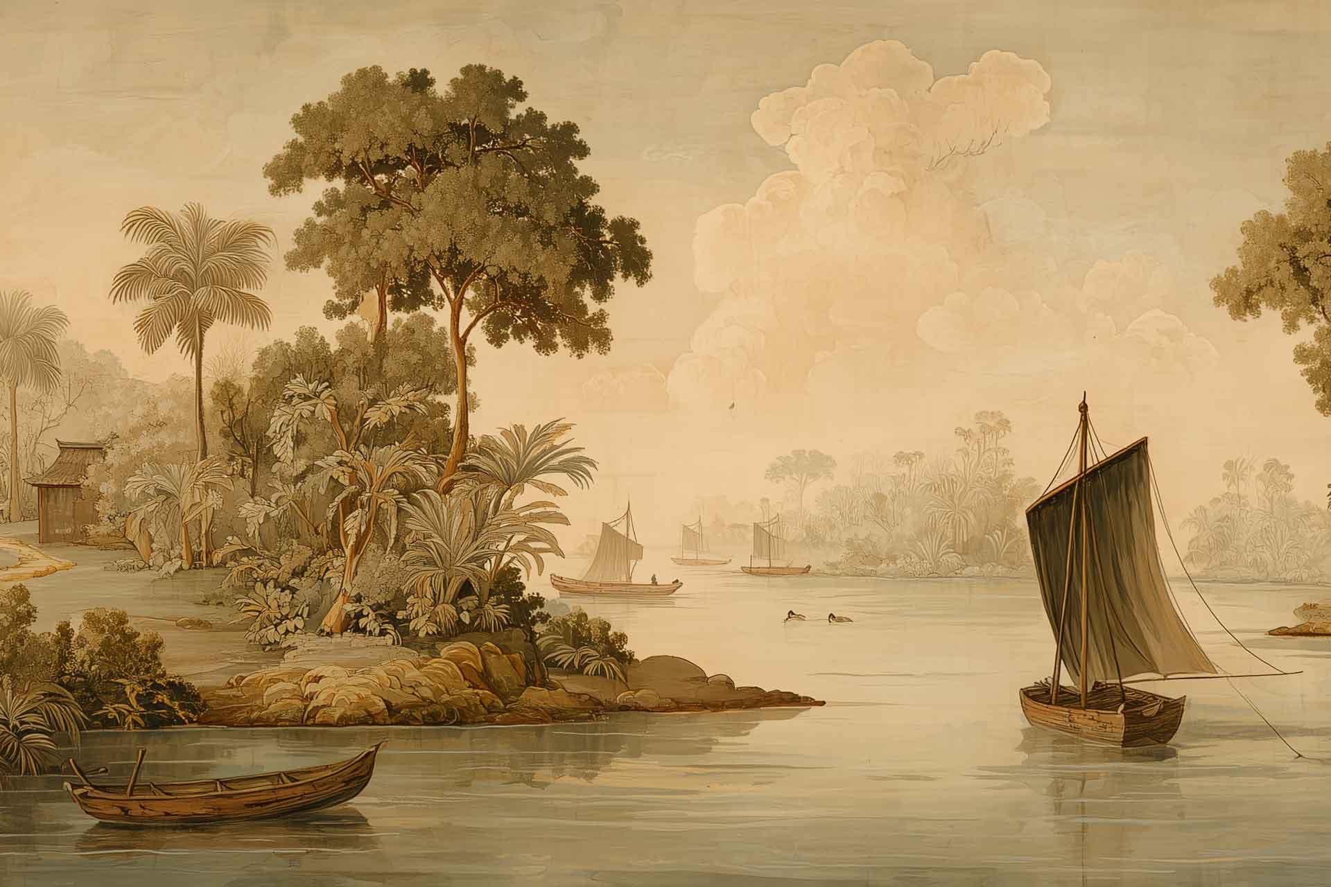 Vintage tropical riverside wallpaper featuring lush green trees, calm blue water, small wooden boats, white sailboats, and misty distant structures. Soothing shades of green, brown, blue, and soft gray create a tranquil landscape scene.