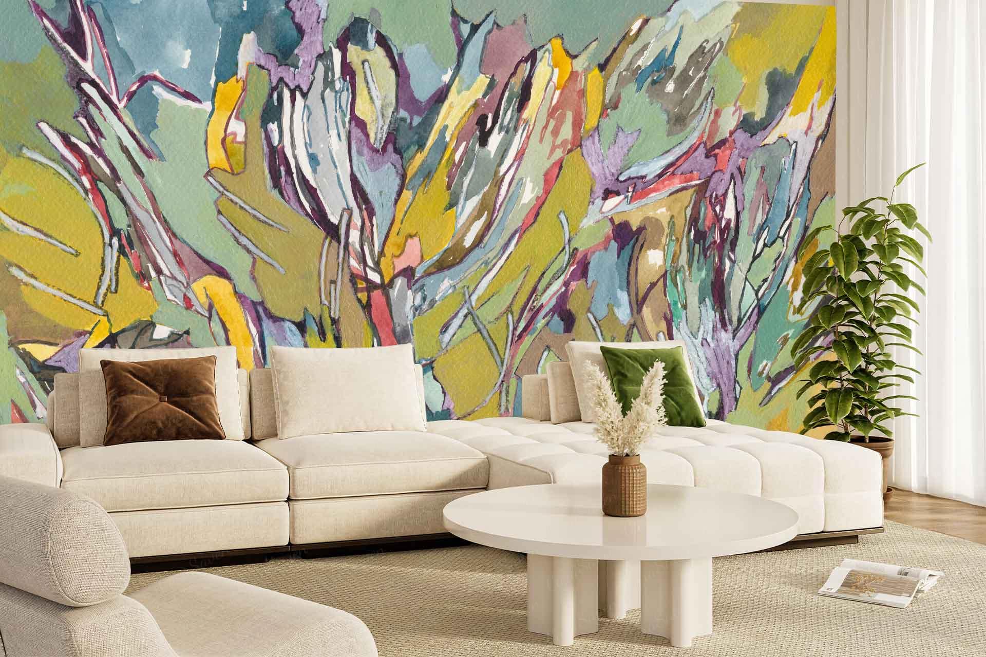 Colorful abstract mural inspired by Contemplating Winter on the back wall, featuring bold shapes and vibrant hues like blue, pink, ochre, and white. The mural's energetic lines and winter-themed elements create a striking focal point in the living room.