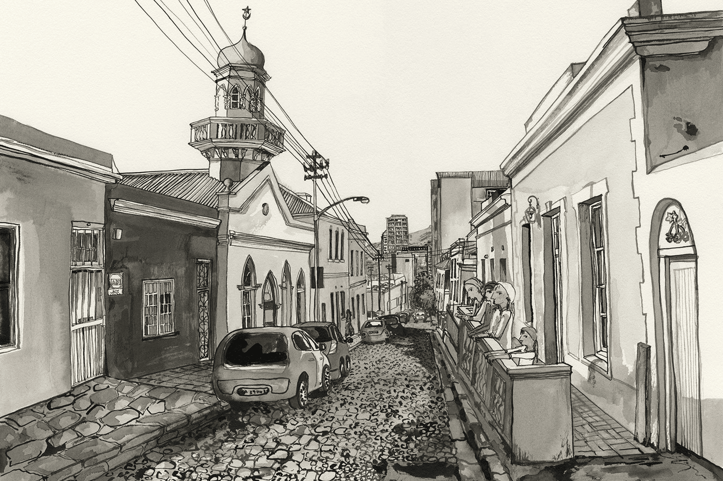 The wallpaper features a monochrome design with intricate patterns depicting a cobblestone street scene. The illustration includes detailed line work of old buildings, a prominent church tower, and vintage parked cars. From the foreground perspective of De Waal Park Apartments, silhouettes of people are visible leaning over balconies. The overall palette is black and white, emphasizing contrast and historic charm. Key search elements: cobblestone street, historic buildings, church tower, parked cars, apartment balconies, people gazing down.