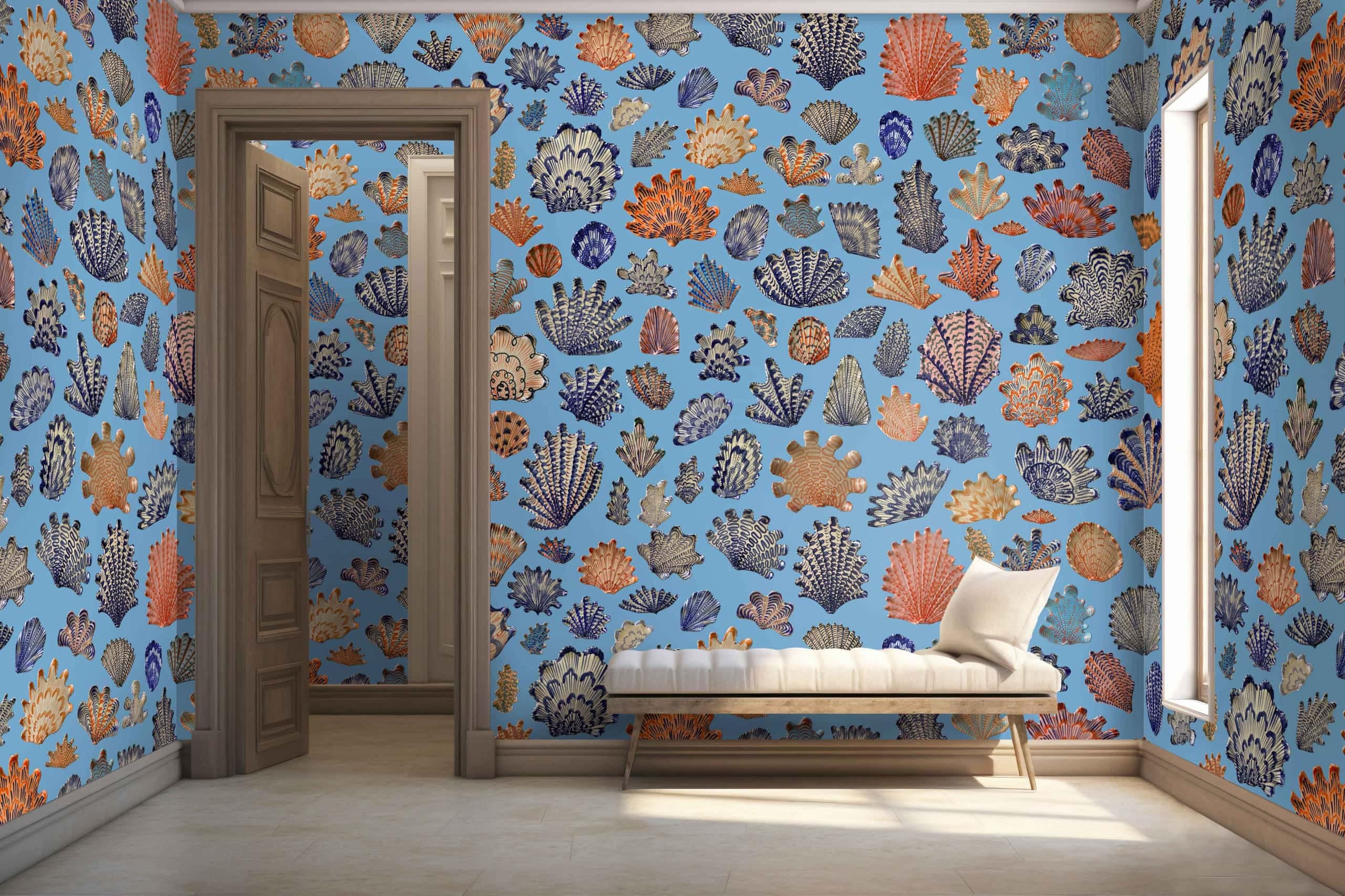 Blue wallpaper adorned with colorful coral patterns.