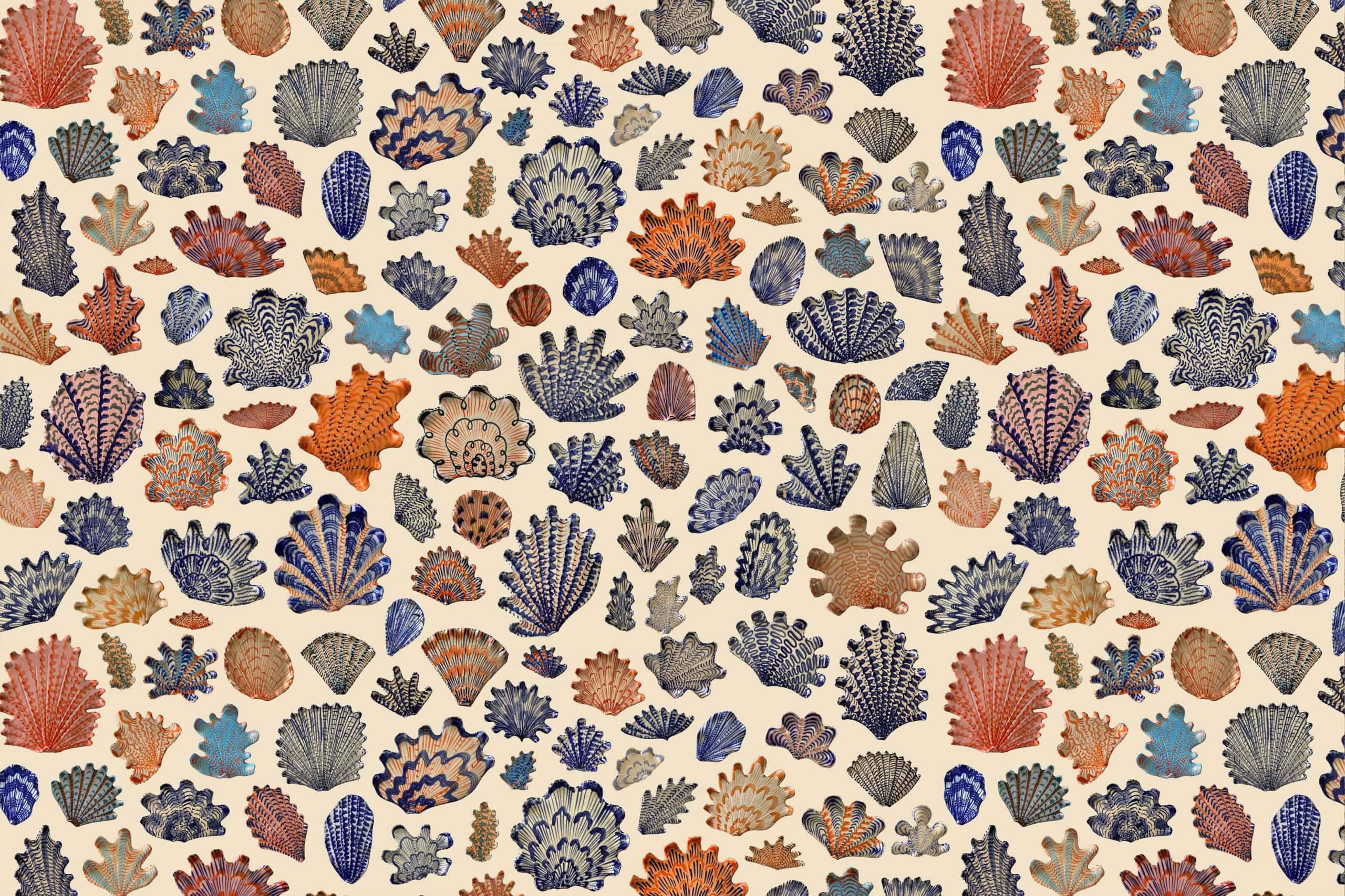 Seamless wallpaper with hand-drawn coral and sea sponge illustrations in blue, orange, and beige on a light background. Intricate marine-themed design featuring various coral forms and sponge textures for a dynamic ocean-inspired pattern.