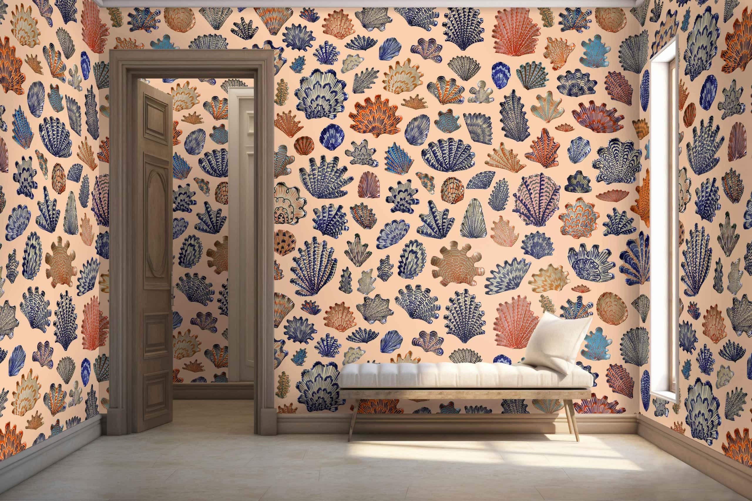 The wallpaper features vibrant, nature-inspired patterns with various leaves and corals. The colors include different shades of green for the leaves, complemented by intricate coral patterns in hues of red, orange, and pink. The design integrates natural elements seamlessly to create a lively and refreshing atmosphere.