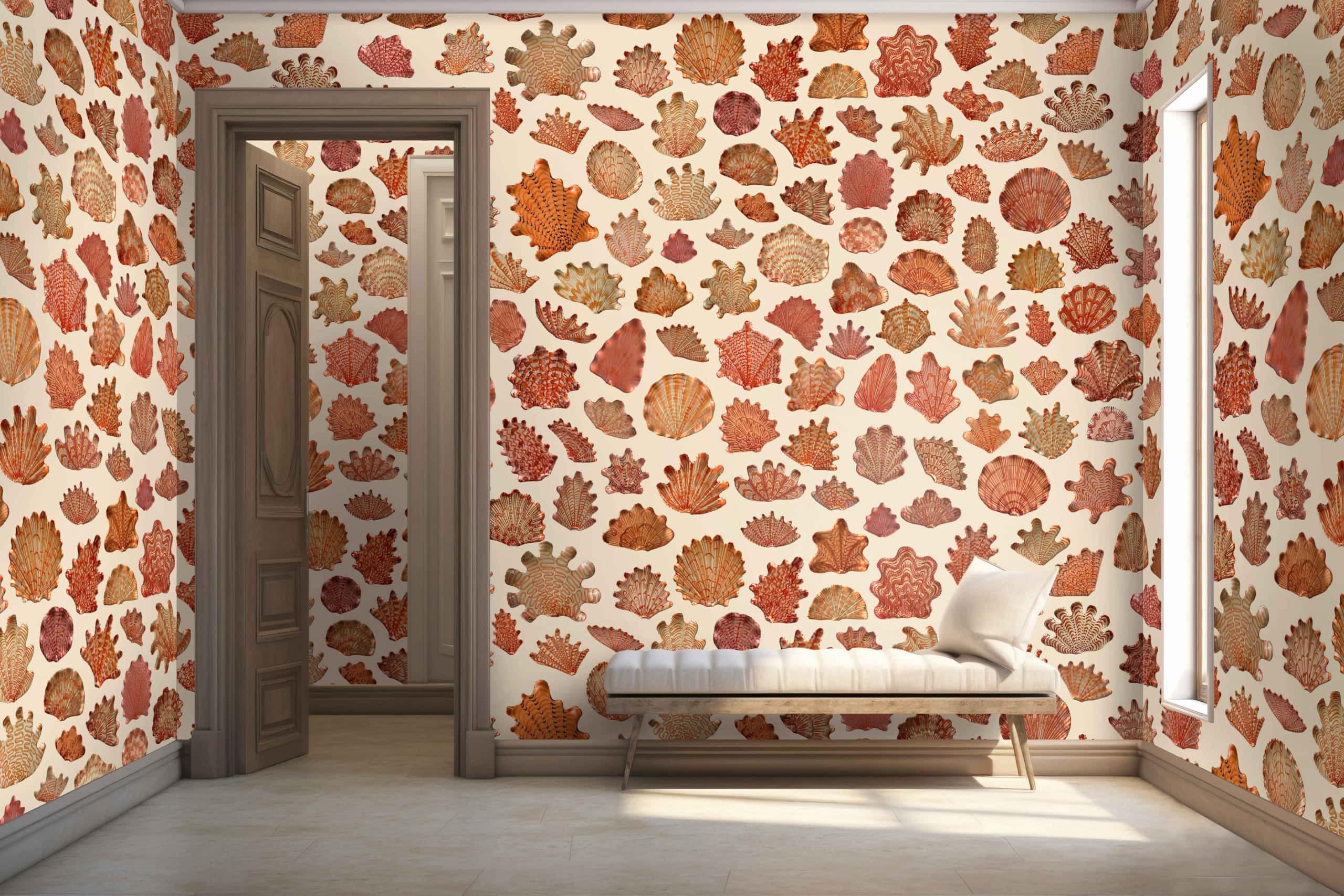 The wallpaper in the bright room showcases a pattern of various leaves in autumn colors. The elements include maple, oak, and elm leaves. The colors prominently featured are shades of orange, red, yellow, brown, and occasional hints of green.