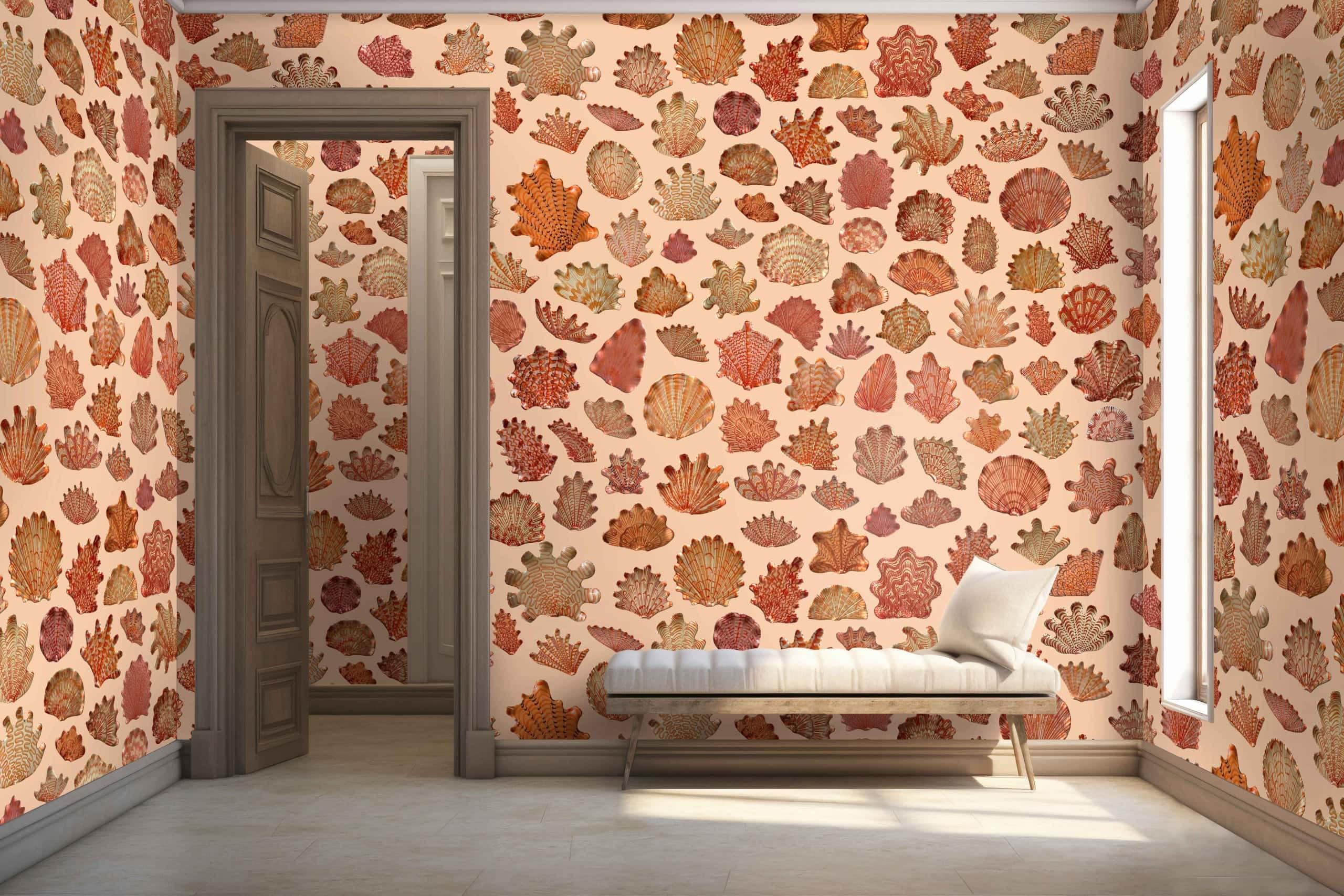 The wallpaper features a pattern of various autumn leaves in shades of orange, brown, and red.