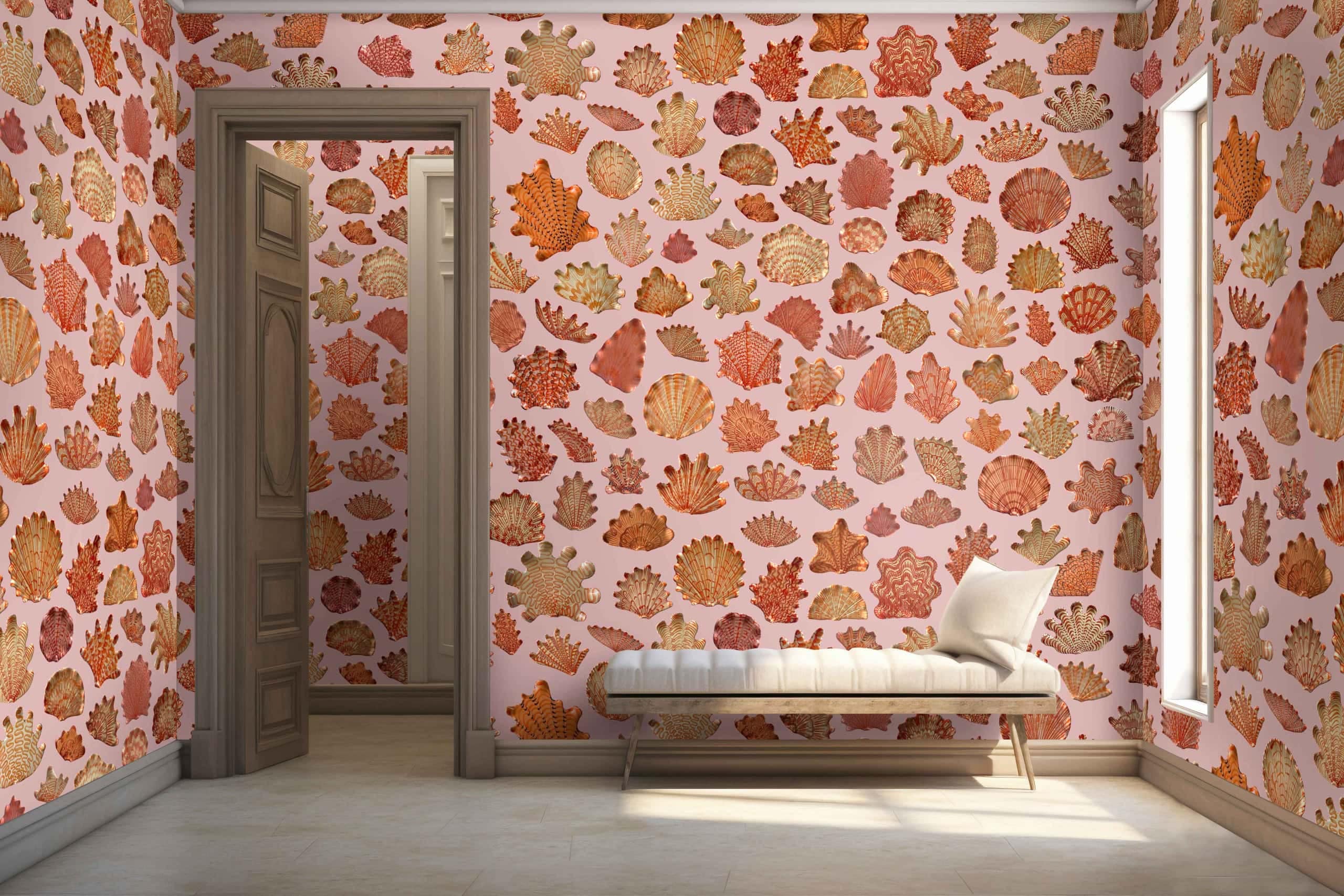 The wallpaper is pink, decorated with autumn leaves of various shapes and colors. The leaves include shades of orange, red, yellow, and brown.