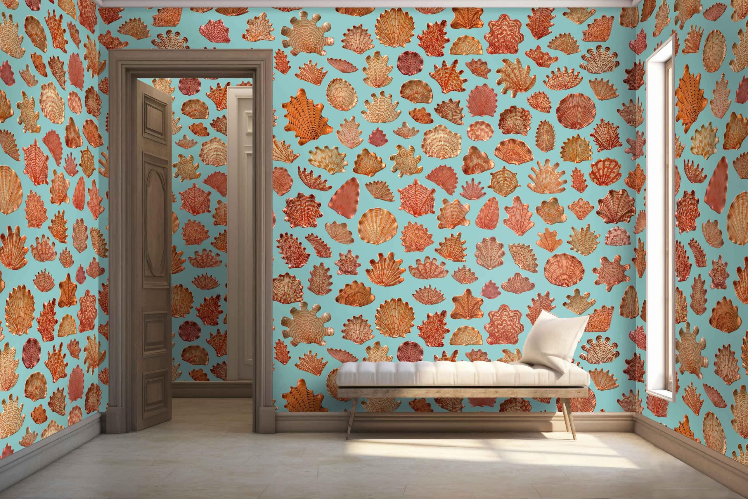 The wallpaper features vibrant autumn leaves in shades of orange and brown set against bright turquoise walls.
