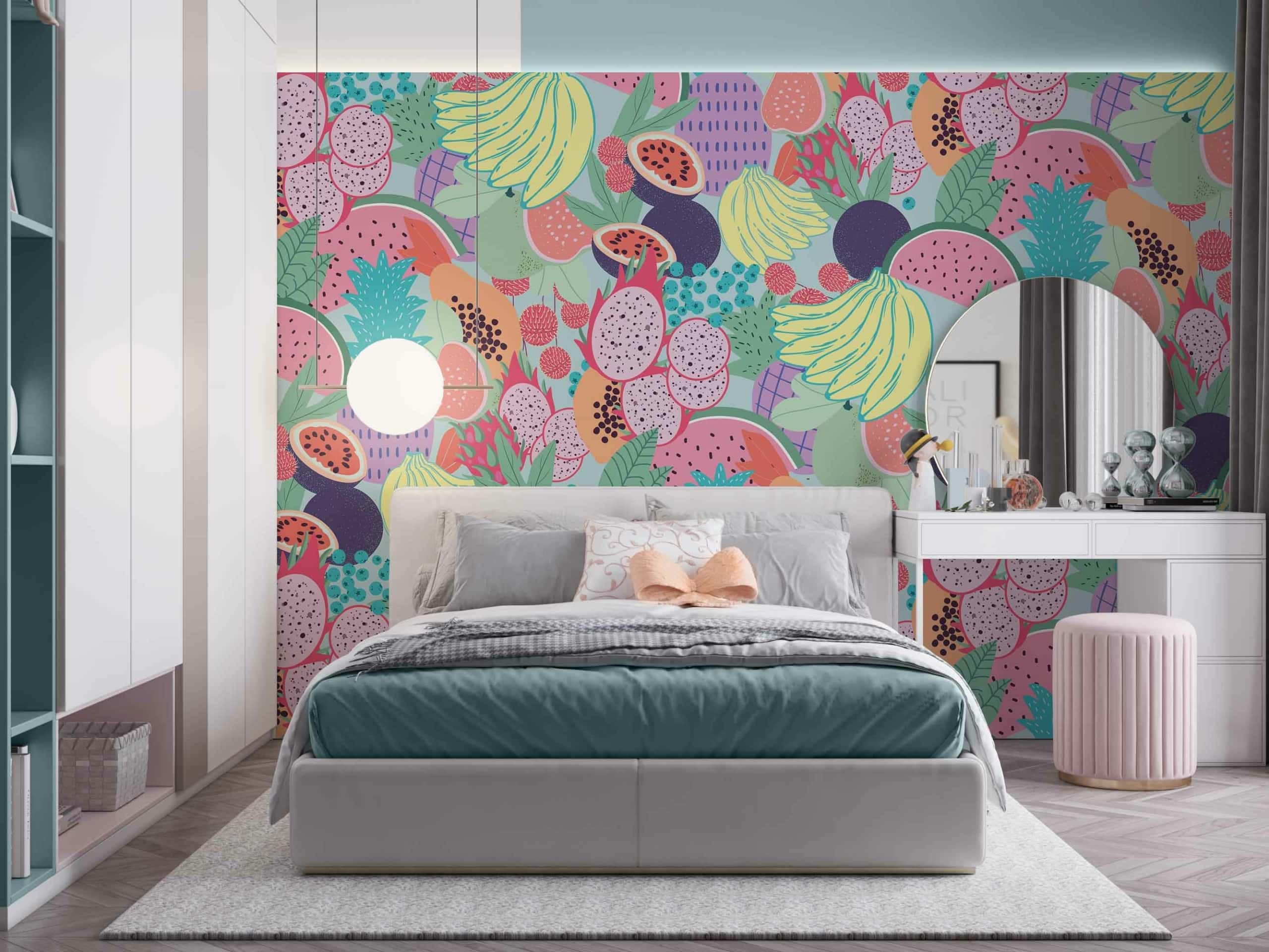 Colorful kids wallpaper with tropical fruit designs, featuring vibrant pineapples, bananas, and abstract fruit patterns in pastel shades. The wallpaper displays bright yellow, green, pink, and blue colors for a playful look.
