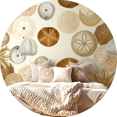 The wallpaper features a pattern of various circular, woven designs in earthy tones.