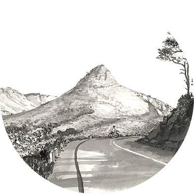 **Black and White Illustration:**

- **Winding Road:** Leading towards a conical mountain.
- **Cyclist:** Riding along the road.
- **Vegetation:** Sparse, natural landscape with a few trees on the right side of the path.

**Wallpaper Elements:**
- Serene, natural landscape
- Black and white tones
- Conical mountain
- Cyclist on winding road
- Sparse vegetation with some trees

This scene captures tranquility and simplicity in nature.