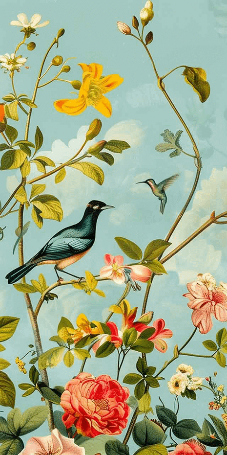 Wallpaper with colorful birds, vibrant pink, red, and yellow flowers, lush green leafy branches, and a light blue sky with soft white clouds. Bold floral and foliage elements create an eye-catching nature design.