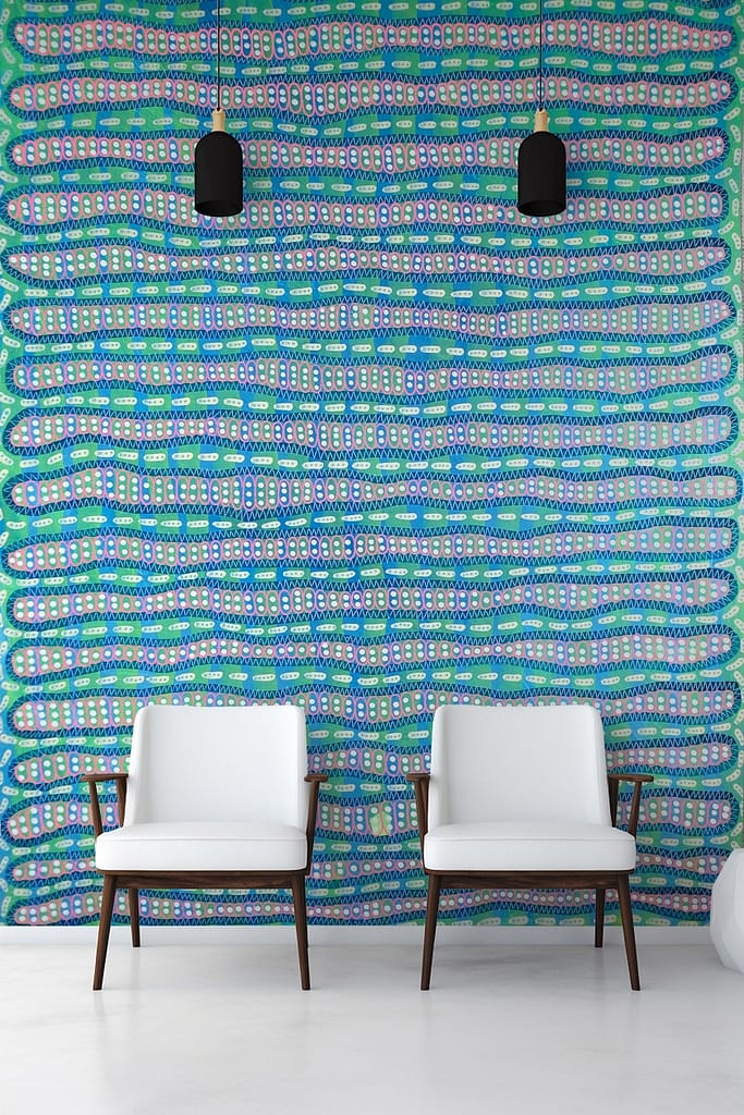 The wallpaper features a vibrant, abstract pattern in shades of blue, green, and white. It has an undulating, dynamic design with fluid shapes and lines creating a lively background. The elements include sweeping curves, swirling forms, and intertwining colors that produce a visually engaging effect.