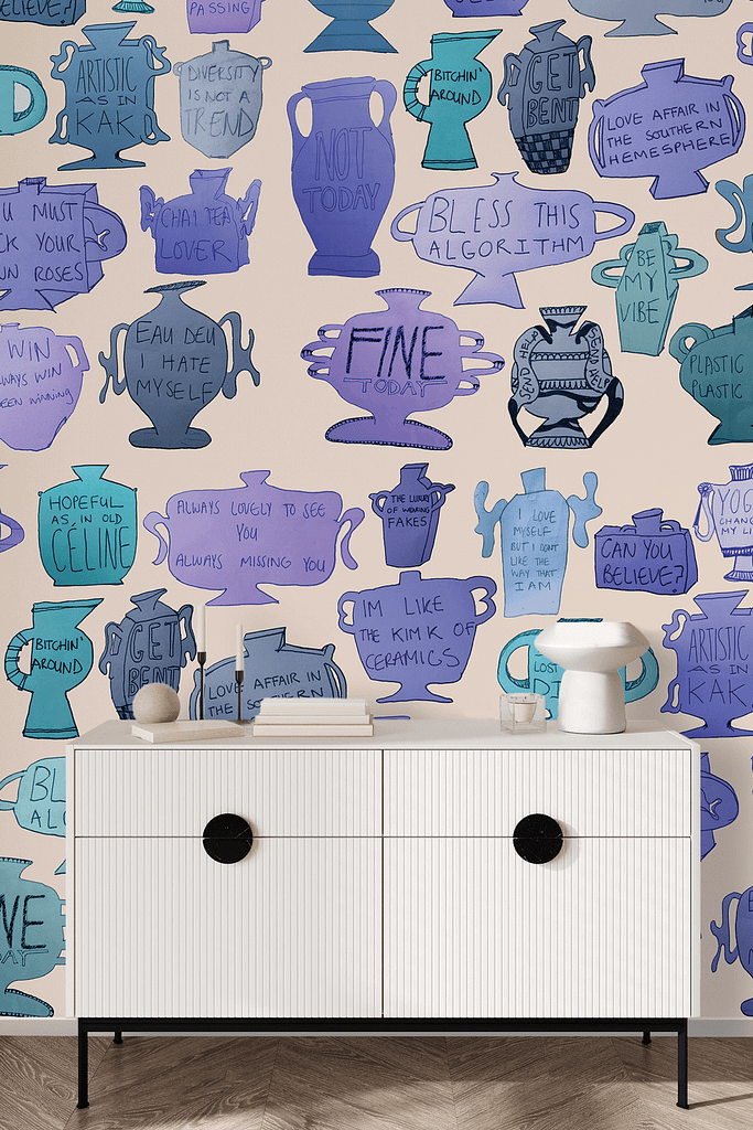 Cream-colored wallpaper with blue and purple ceramic vases illustrations, each featuring humorous and quirky text phrases.