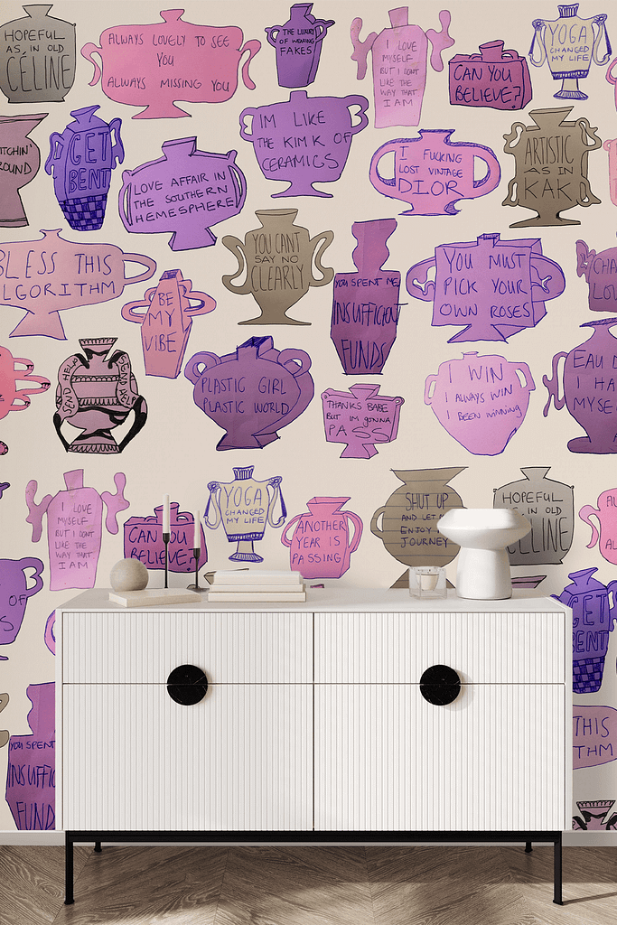Colorful, illustrated wallpaper featuring a whimsical collage with pink, purple, and beige urns. Sayings include "Get bent," "I'm like the King of Kansas," and "You can clearly outshine anyone.