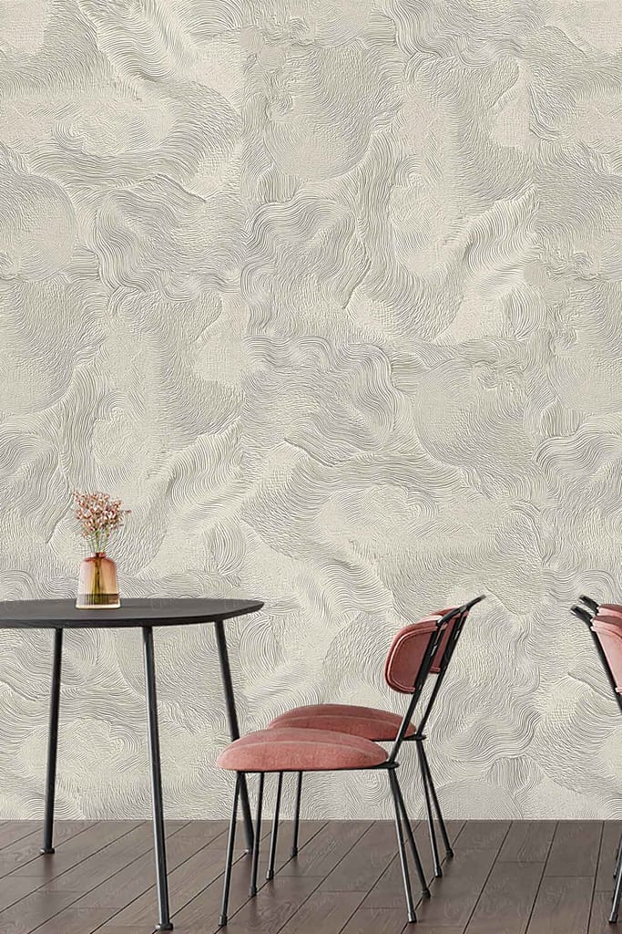 Off-white textured wallpaper with swirling patterns.