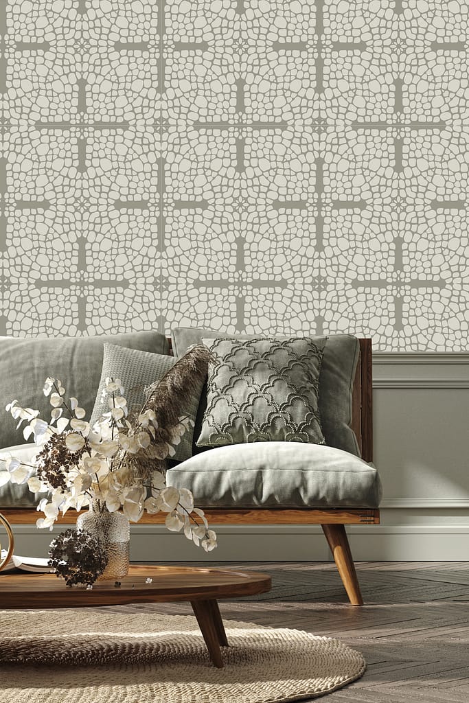 Coffee bean-toned wallpaper featuring a repeating geometric pattern with rich brown, mocha, and cream hues; subtle gold accents; textured matte finish; mid-century modern style motifs with softly curved lines and abstract shapes.