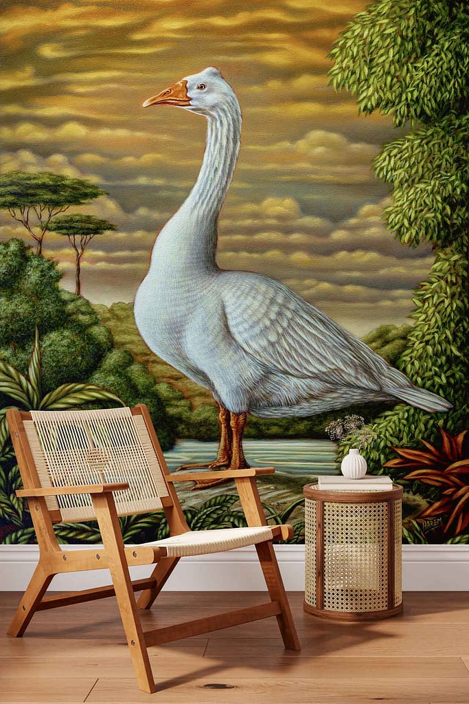 Wallpaper mural features a vibrant scene with an oversized white goose, a majestic tiger, and a flowing river in a lush green landscape under a dramatic cloudy sky. Elements include greenery, water, clouds, animal figures. Colors: green, white, orange, blue, gray.