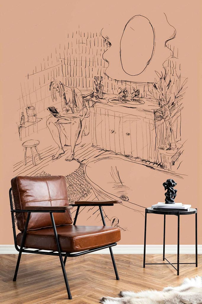 Wallpaper with line art mural: person sitting in a bathroom, sketch-style balloon animals, mirror, sink, and plants. Black and white design highlights playful shapes and minimalist details.