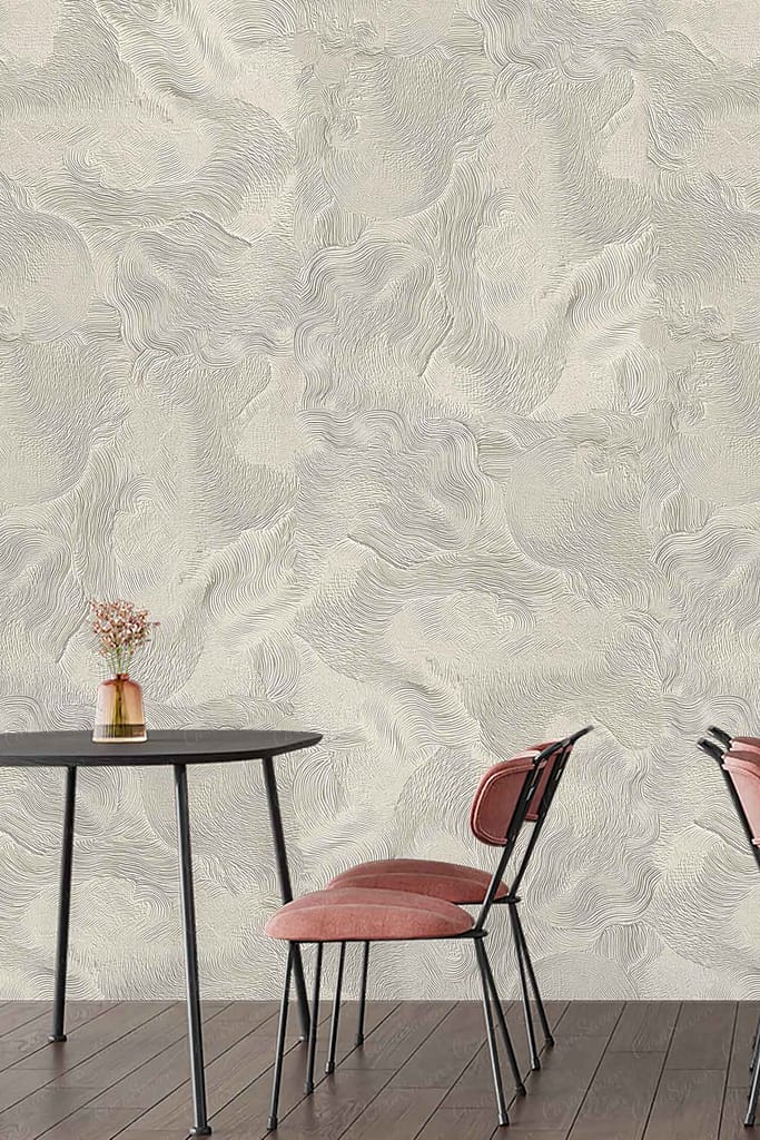 Off-white textured wallpaper with swirling patterns.