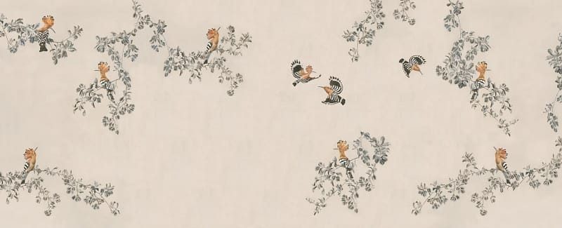 Wallpaper with orange and black birds on gray leafy branches, set on a light beige background. Features vintage-inspired elements and natural motifs in shades of orange, black, gray, and beige.