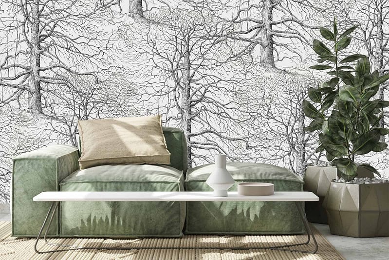 Ancient black and white tree pattern wallpaper: features intricately detailed trees, monochromatic branches, timeless design elements.